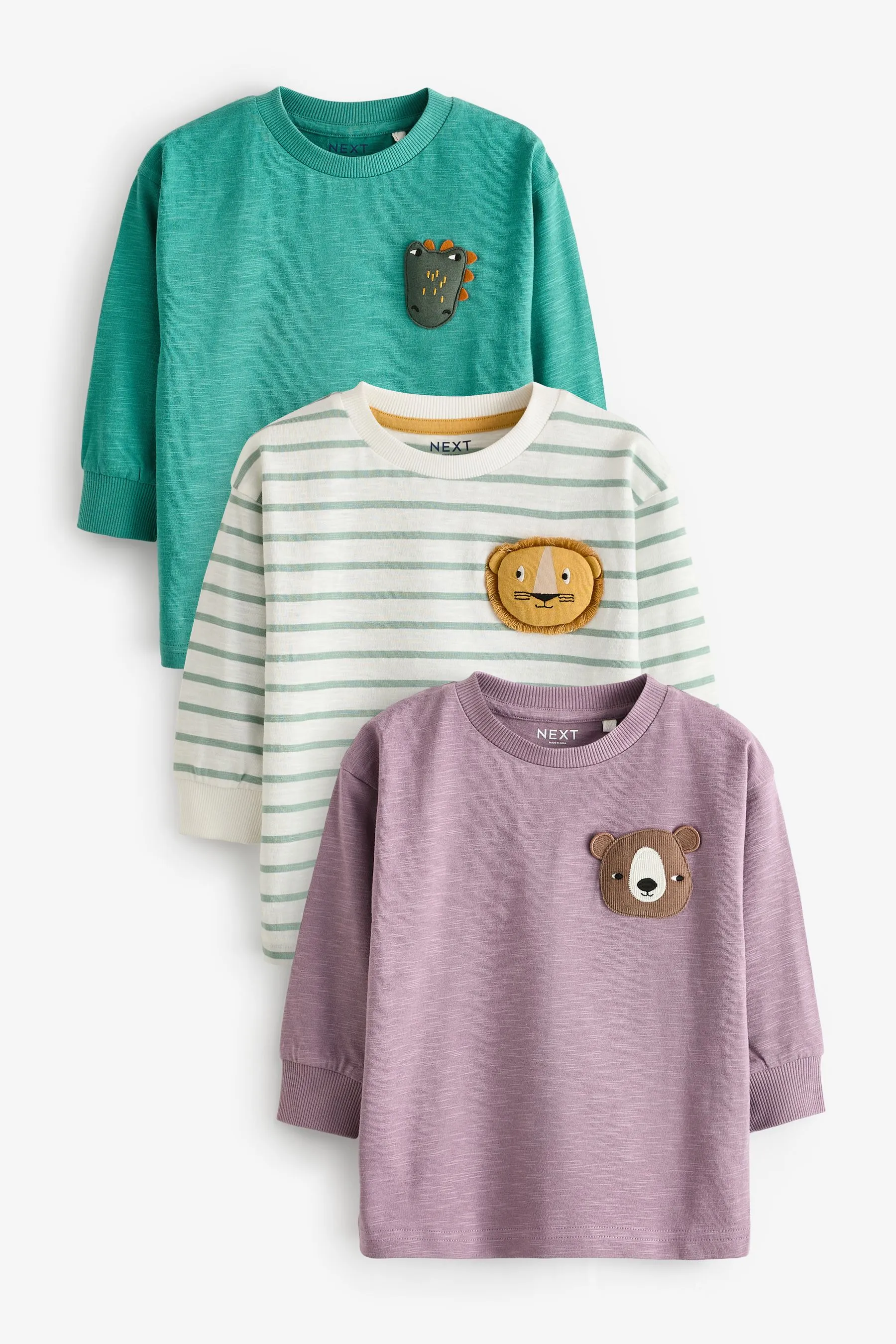 100% Cotton Long Sleeve Animal Print Character T-Shirts 3 Pack (3mths-7yrs)    