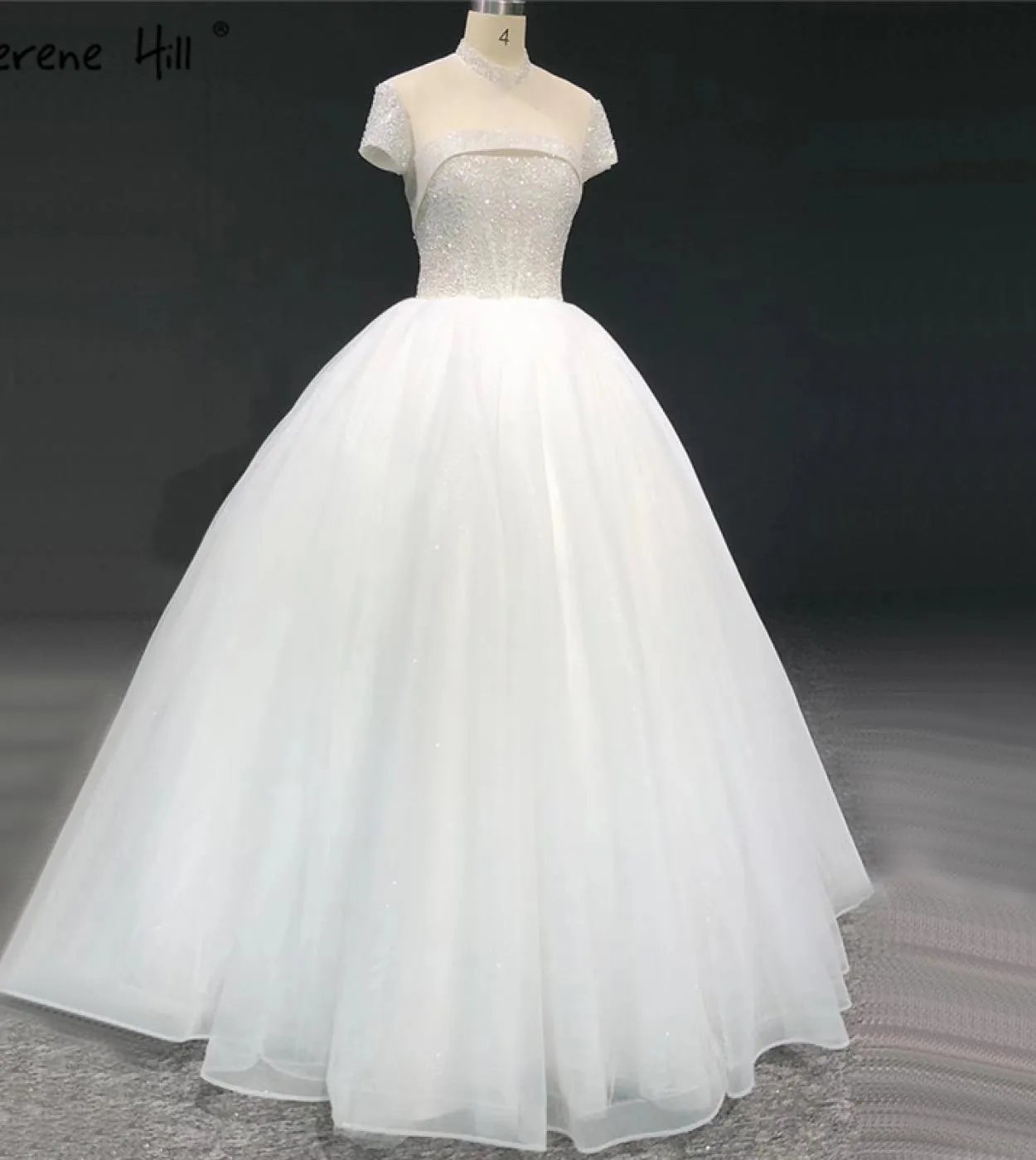 Abiti da sposa scintillanti a collo alto avorio 2023 Abiti da sposa semplici con perline a maniche corte con paillettes Ha2333 C