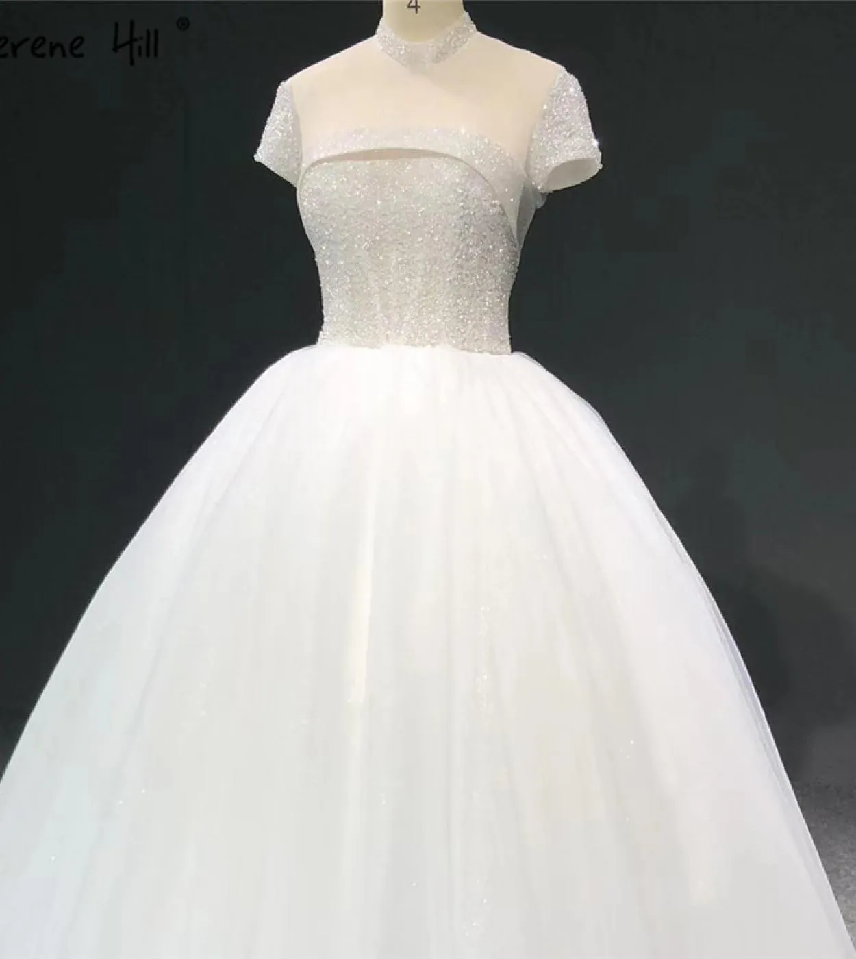 Abiti da sposa scintillanti a collo alto avorio 2023 Abiti da sposa semplici con perline a maniche corte con paillettes Ha2333 C