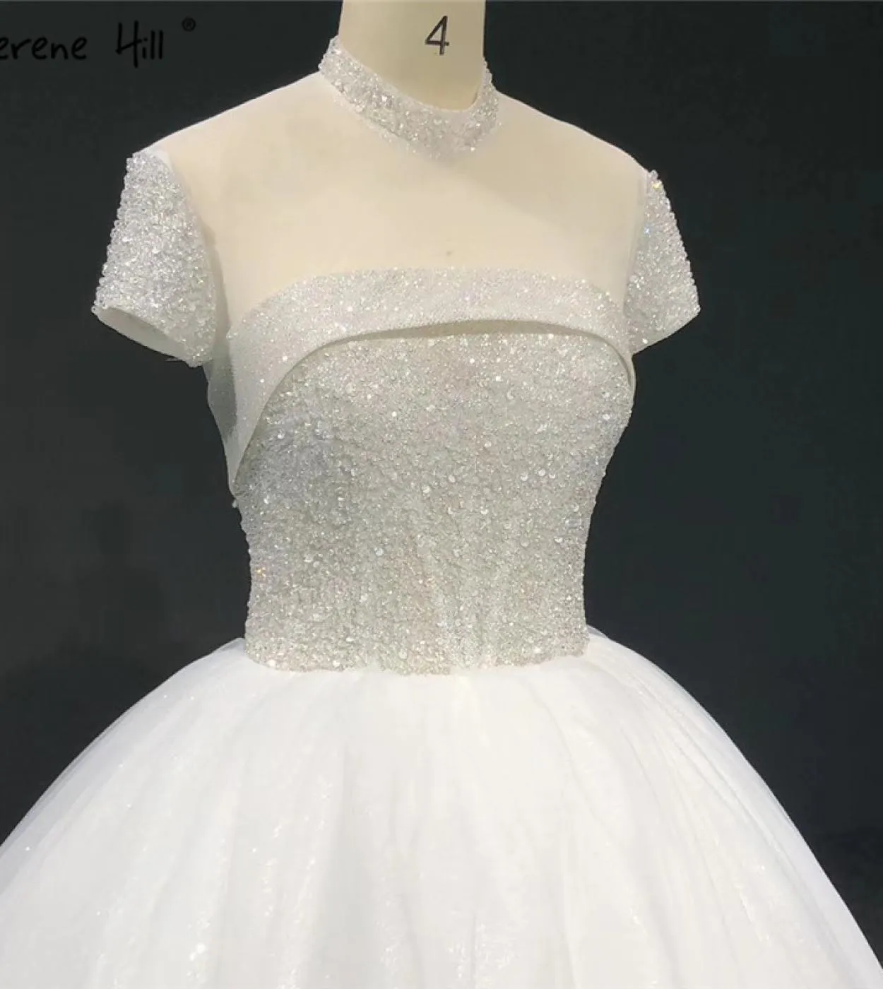 Abiti da sposa scintillanti a collo alto avorio 2023 Abiti da sposa semplici con perline a maniche corte con paillettes Ha2333 C