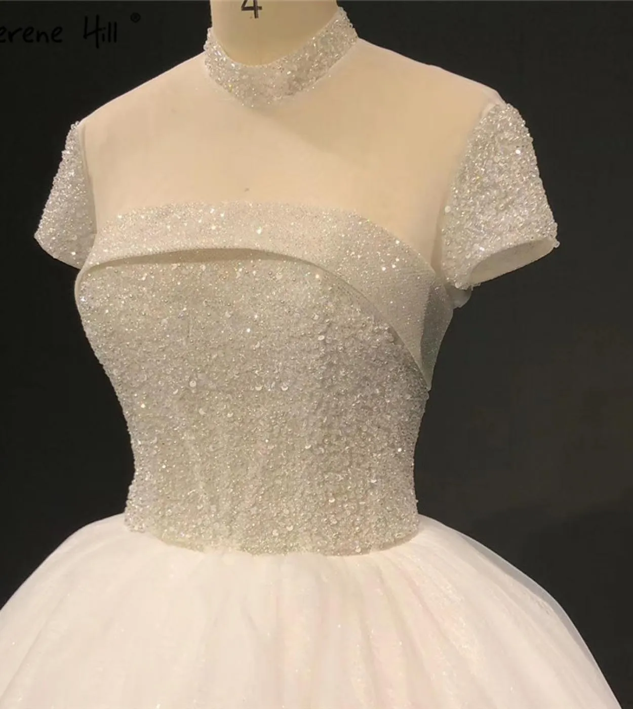 Abiti da sposa scintillanti a collo alto avorio 2023 Abiti da sposa semplici con perline a maniche corte con paillettes Ha2333 C
