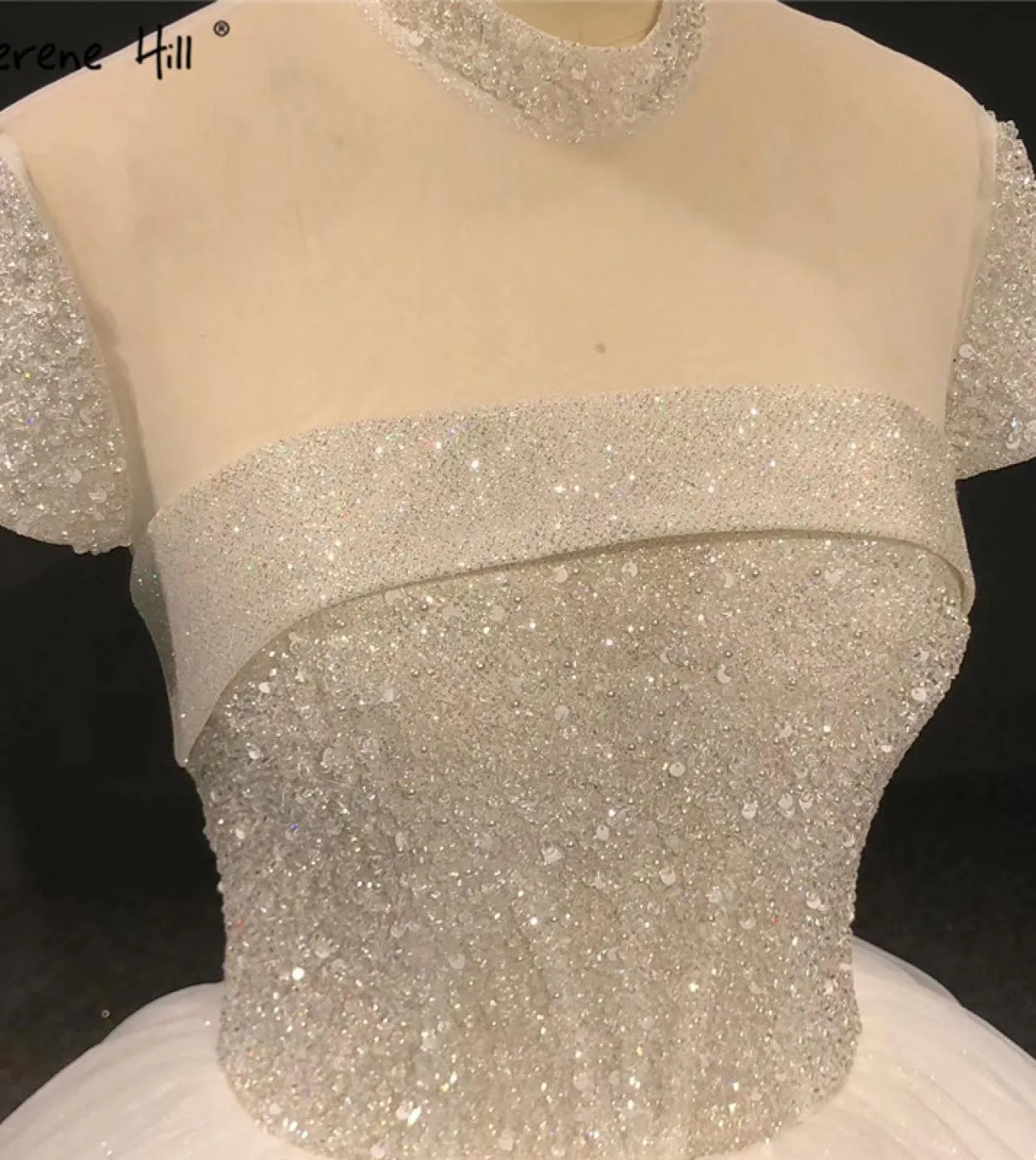 Abiti da sposa scintillanti a collo alto avorio 2023 Abiti da sposa semplici con perline a maniche corte con paillettes Ha2333 C