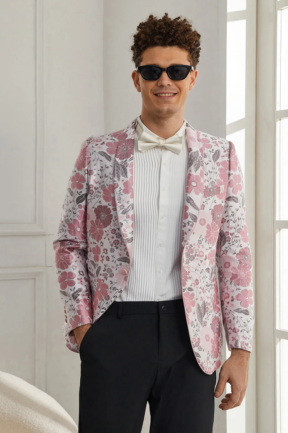 Abiti da uomo in 2 pezzi jacquard floreale rosa con un bottone