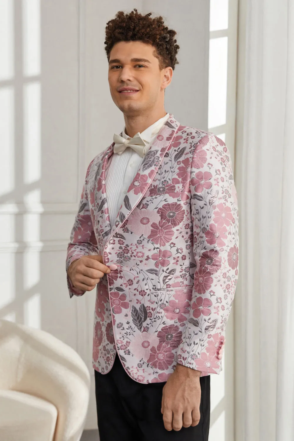 Abiti da uomo in 2 pezzi jacquard floreale rosa con un bottone