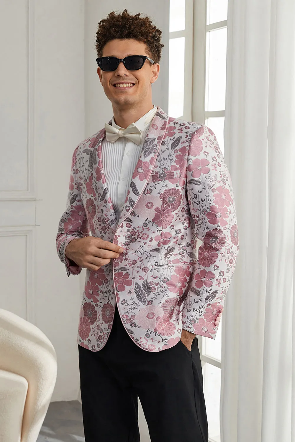 Abiti da uomo in 2 pezzi jacquard floreale rosa con un bottone