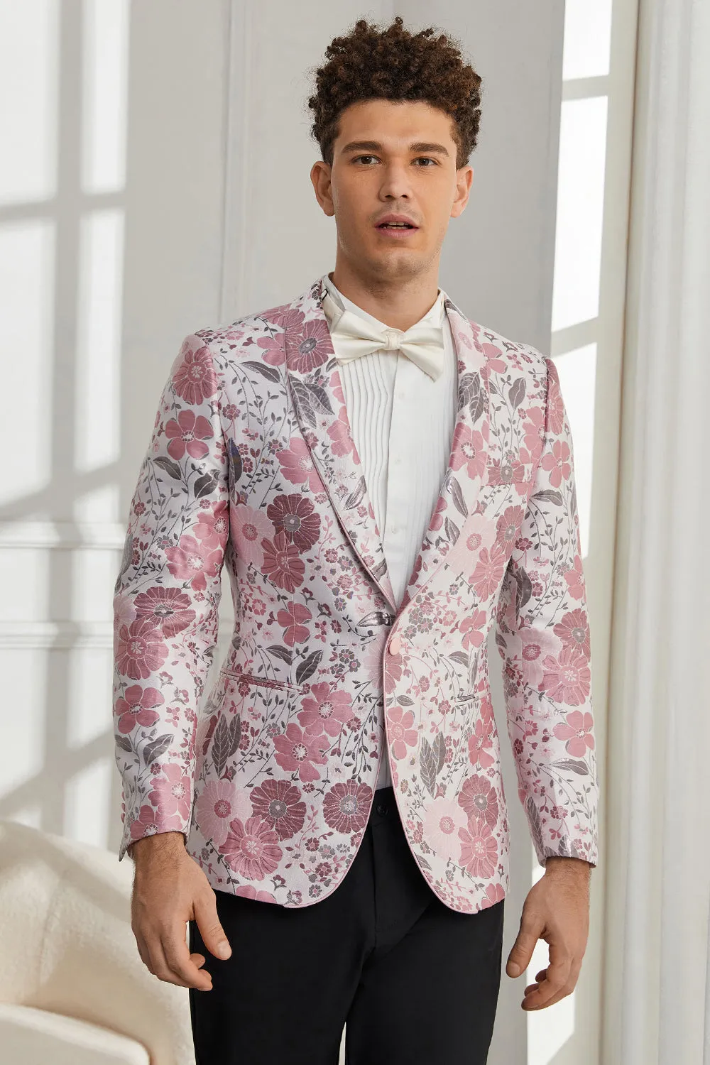 Abiti da uomo in 2 pezzi jacquard floreale rosa con un bottone
