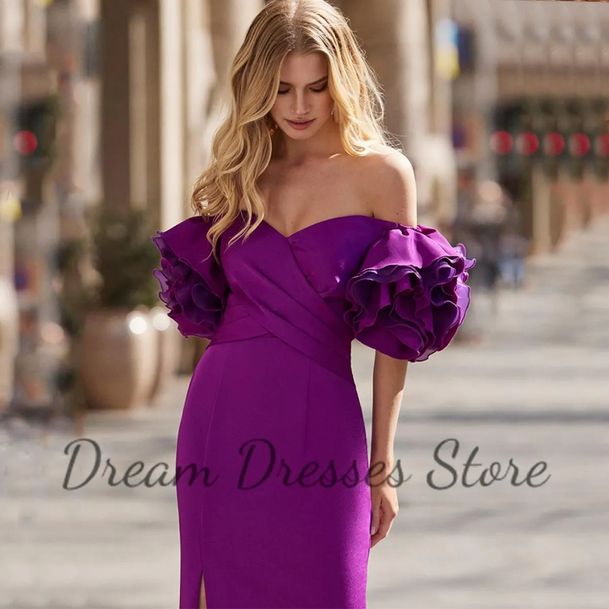 Abito da sera a sirena a maniche corte con spalle scoperte viola Elegante abito da banchetto per feste con pieghe a fessura late