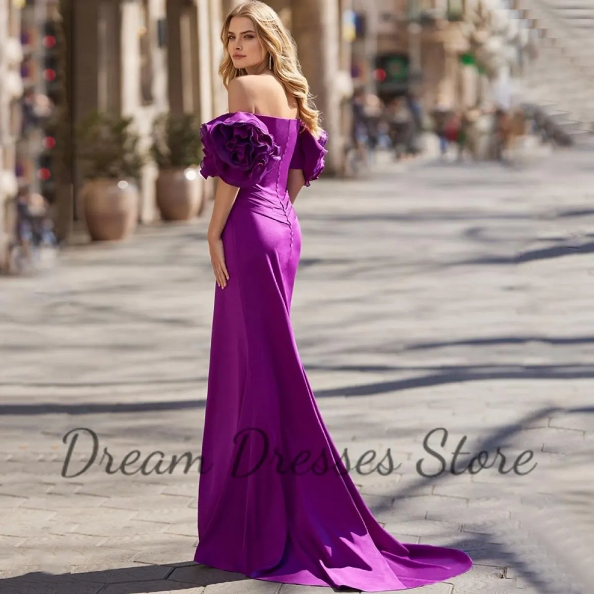 Abito da sera a sirena a maniche corte con spalle scoperte viola Elegante abito da banchetto per feste con pieghe a fessura late
