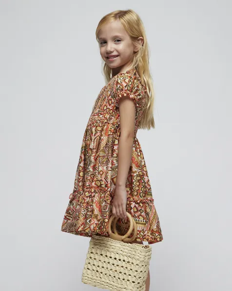 Abito mini in cotone a fantasia etnica arancione e verde militare con maniche corte 3-7 anni