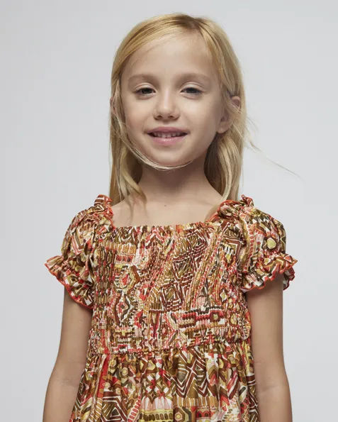 Abito mini in cotone a fantasia etnica arancione e verde militare con maniche corte 3-7 anni