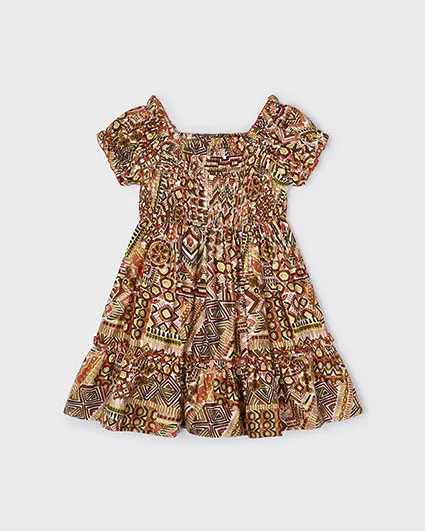 Abito mini in cotone a fantasia etnica arancione e verde militare con maniche corte 3-7 anni