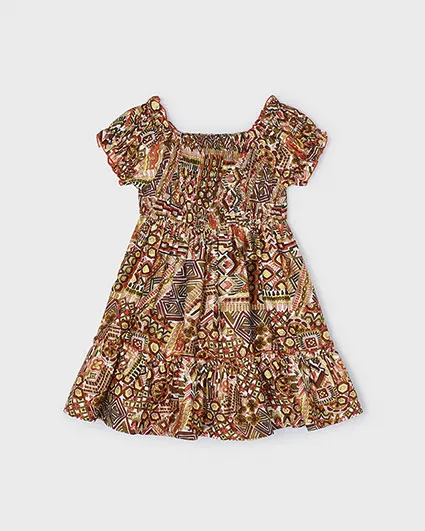 Abito mini in cotone a fantasia etnica arancione e verde militare con maniche corte 3-7 anni