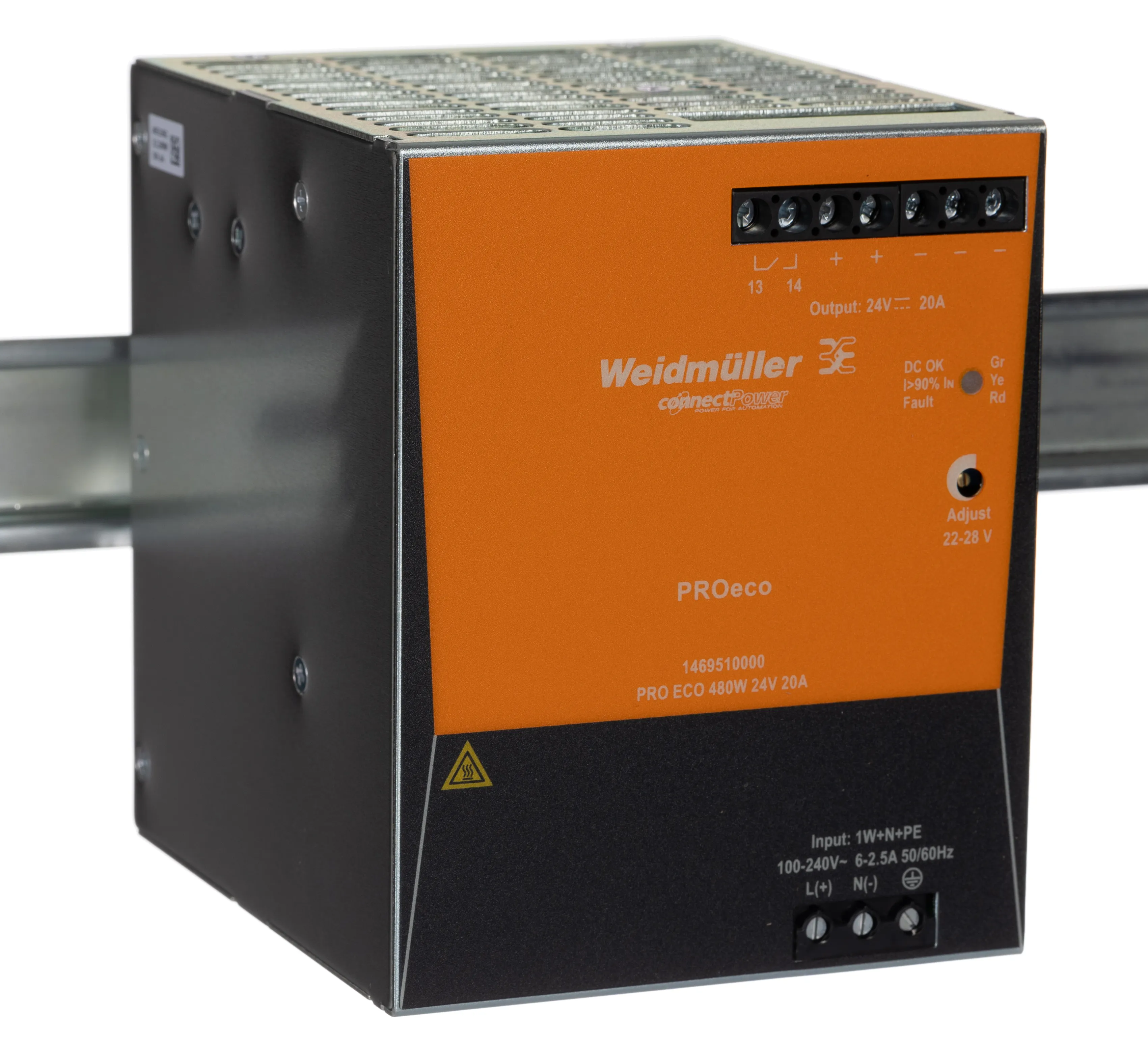 Alimentatore a montaggio su guida DIN Weidmuller, 24V cc, 20A, 85 → 264 V ac / 80 → 370V cc, 480W