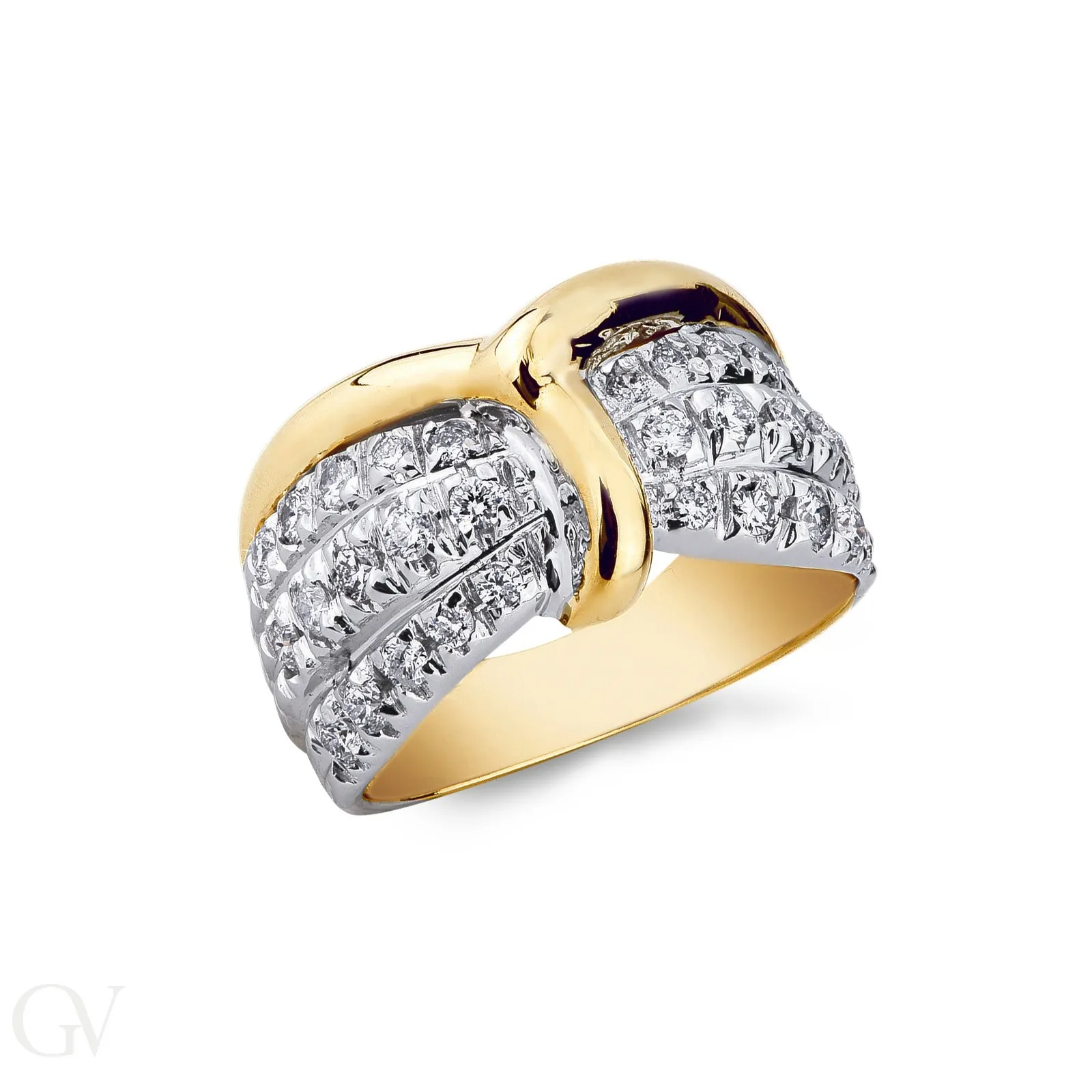 Anello fascia in oro giallo e bianco 18k con diamanti