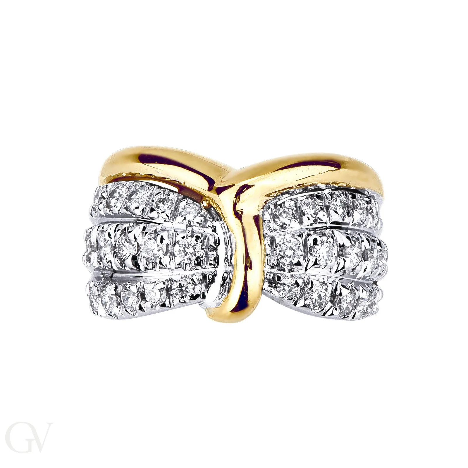 Anello fascia in oro giallo e bianco 18k con diamanti