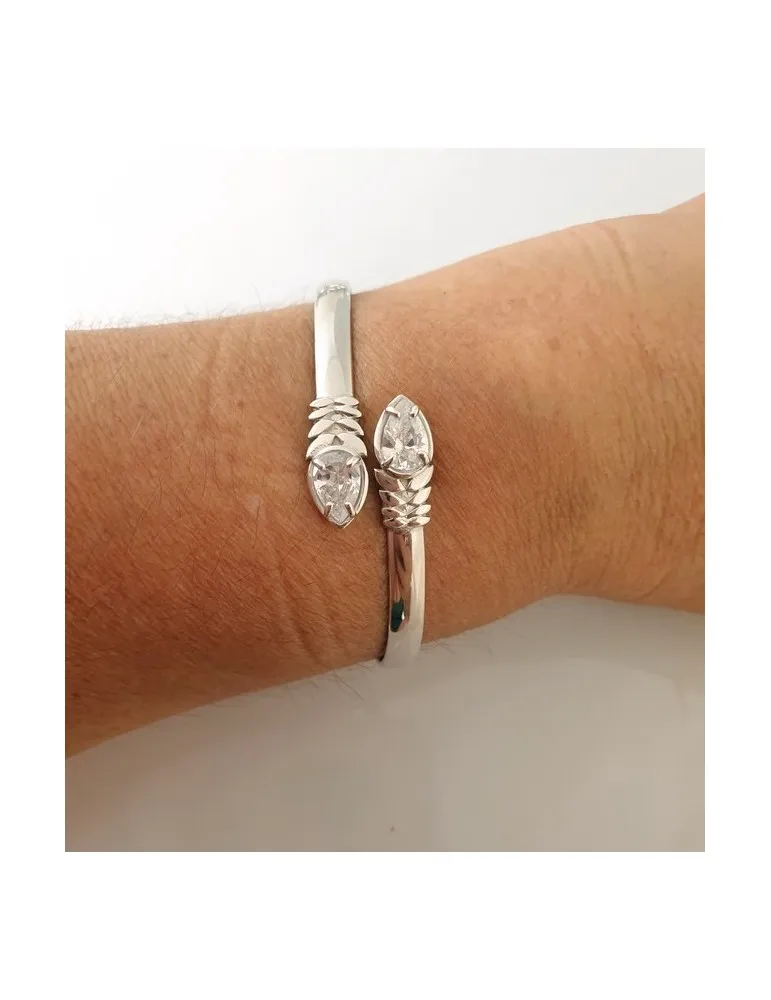 ARGENTO 925 : Bracciale donna schiava aperto contrarie' zircone bianco goccia 4 griffe