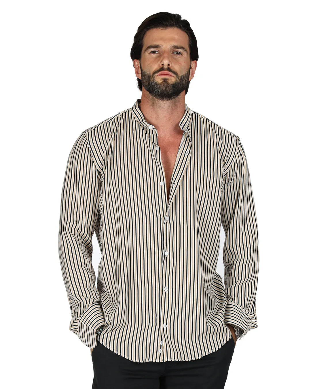 Barbuda  - Camicia coreana fantasia a righe beige