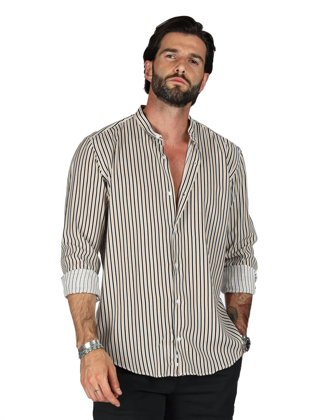 Barbuda  - Camicia coreana fantasia a righe beige