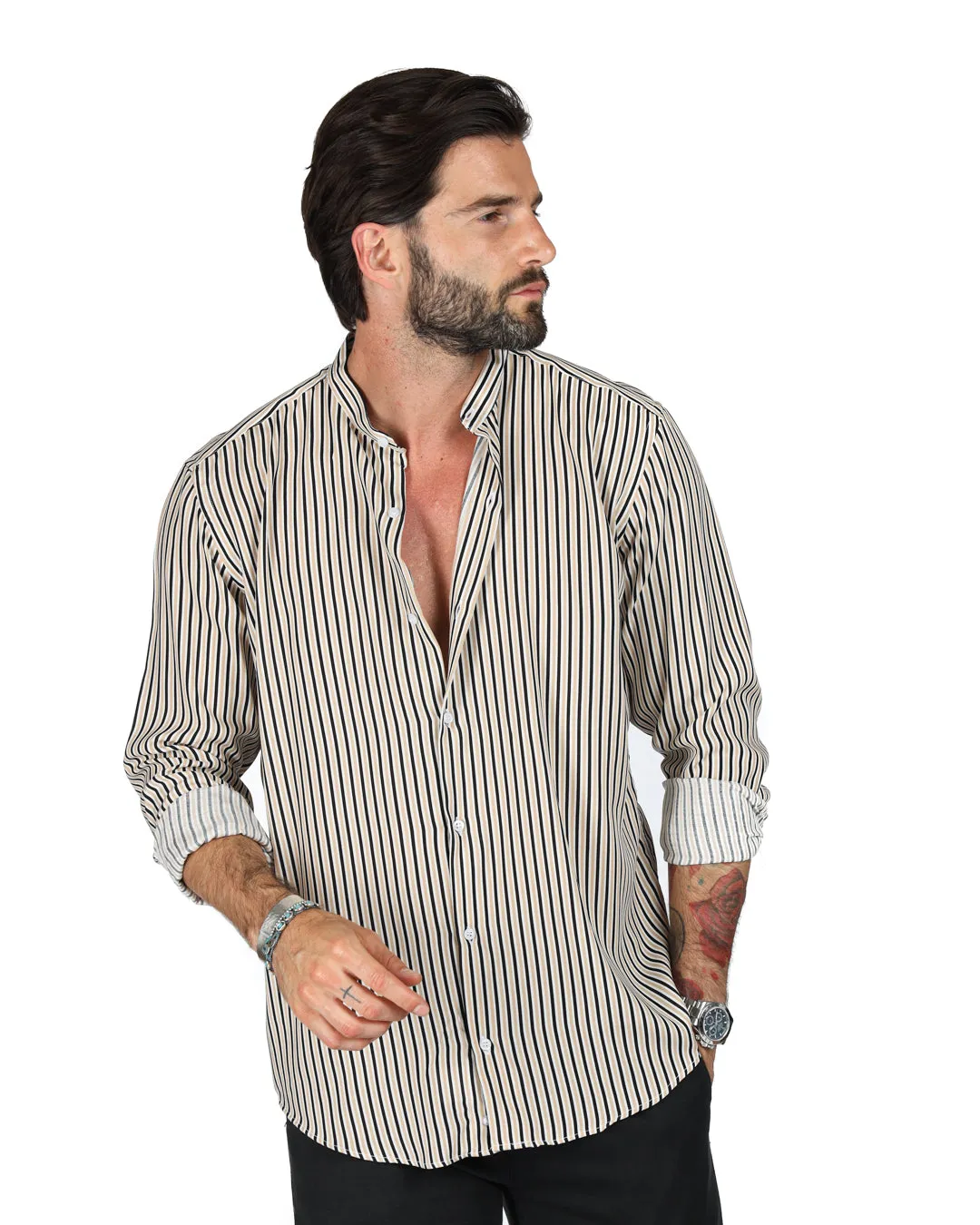 Barbuda  - Camicia coreana fantasia a righe beige