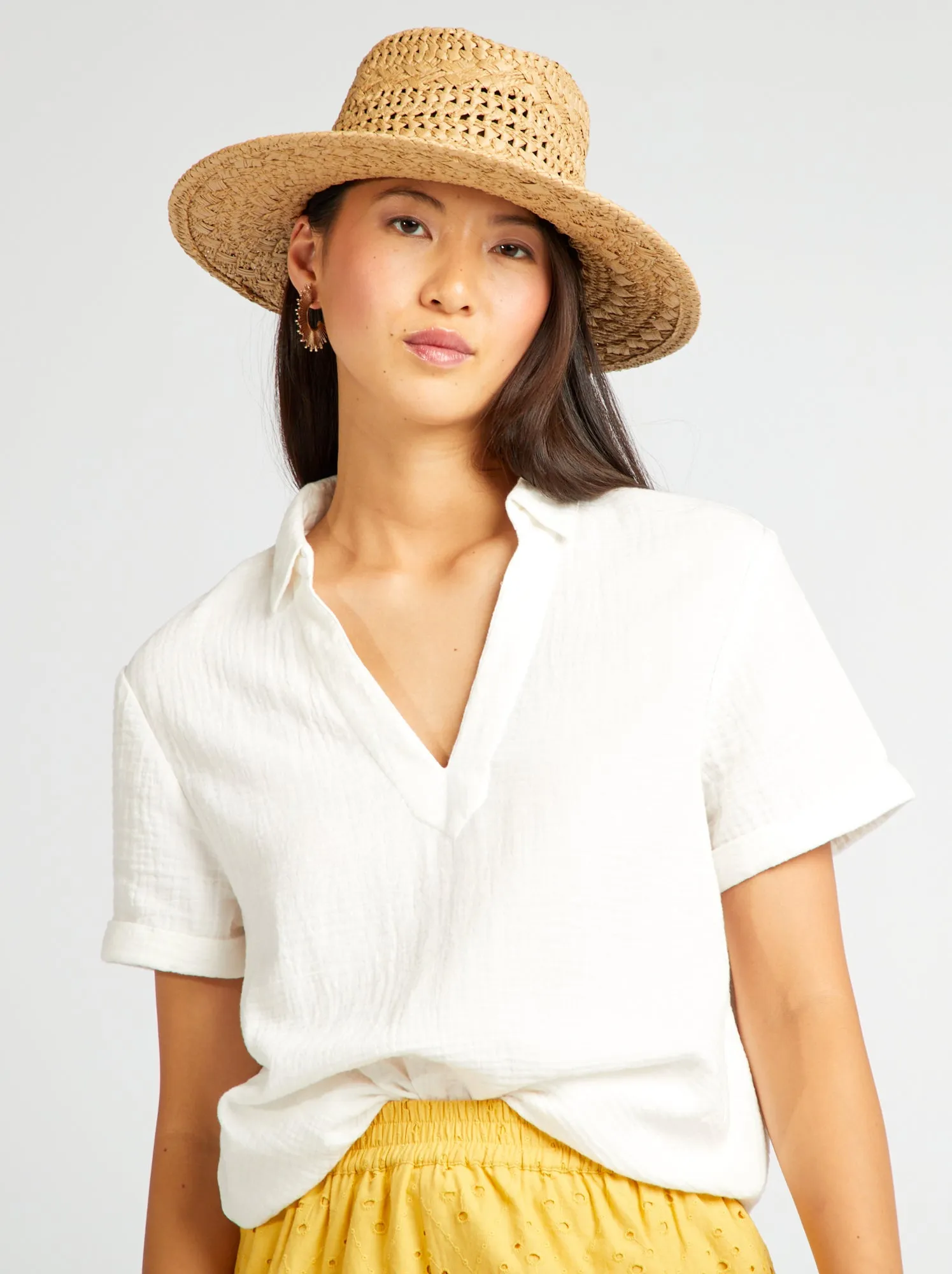 Blusa in garza di cotone con maniche corte - BIANCO