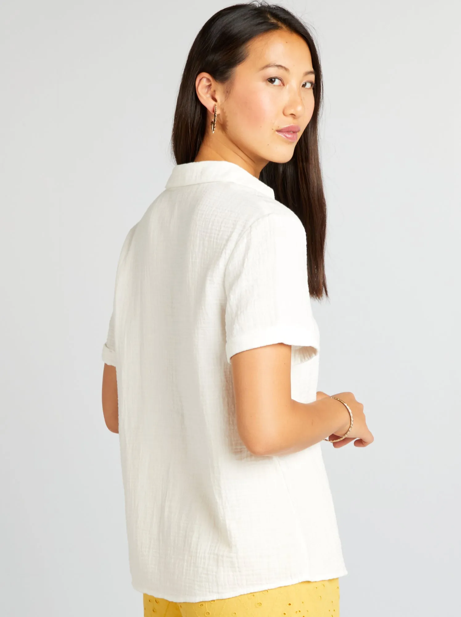 Blusa in garza di cotone con maniche corte - BIANCO