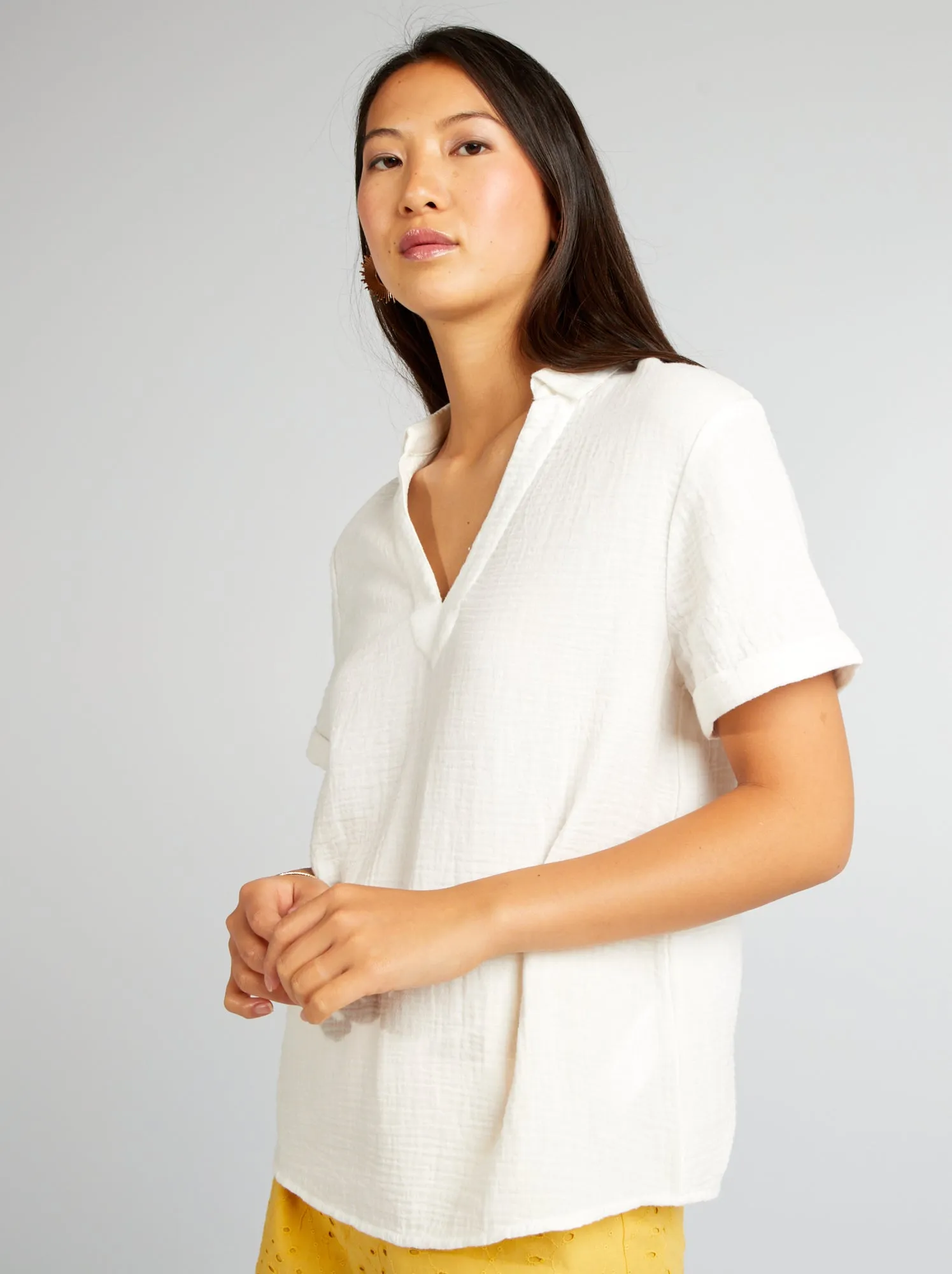Blusa in garza di cotone con maniche corte - BIANCO