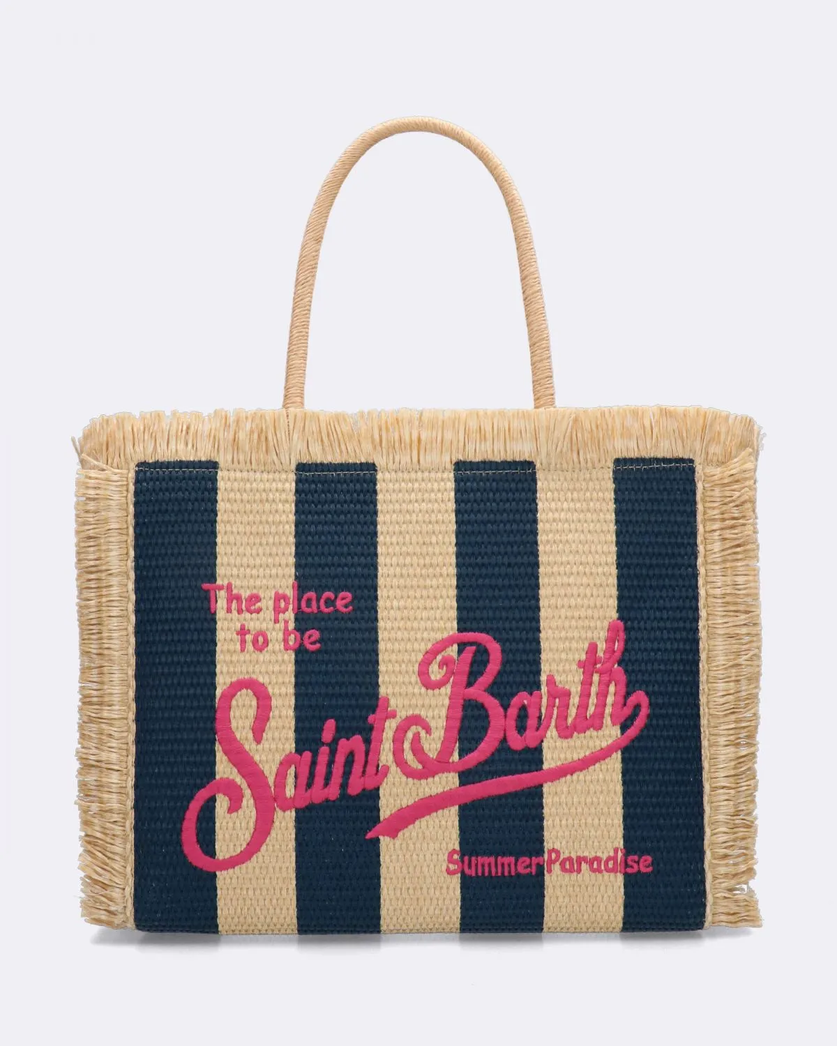 Borsa Vanity Straw tote a righe blu e beige