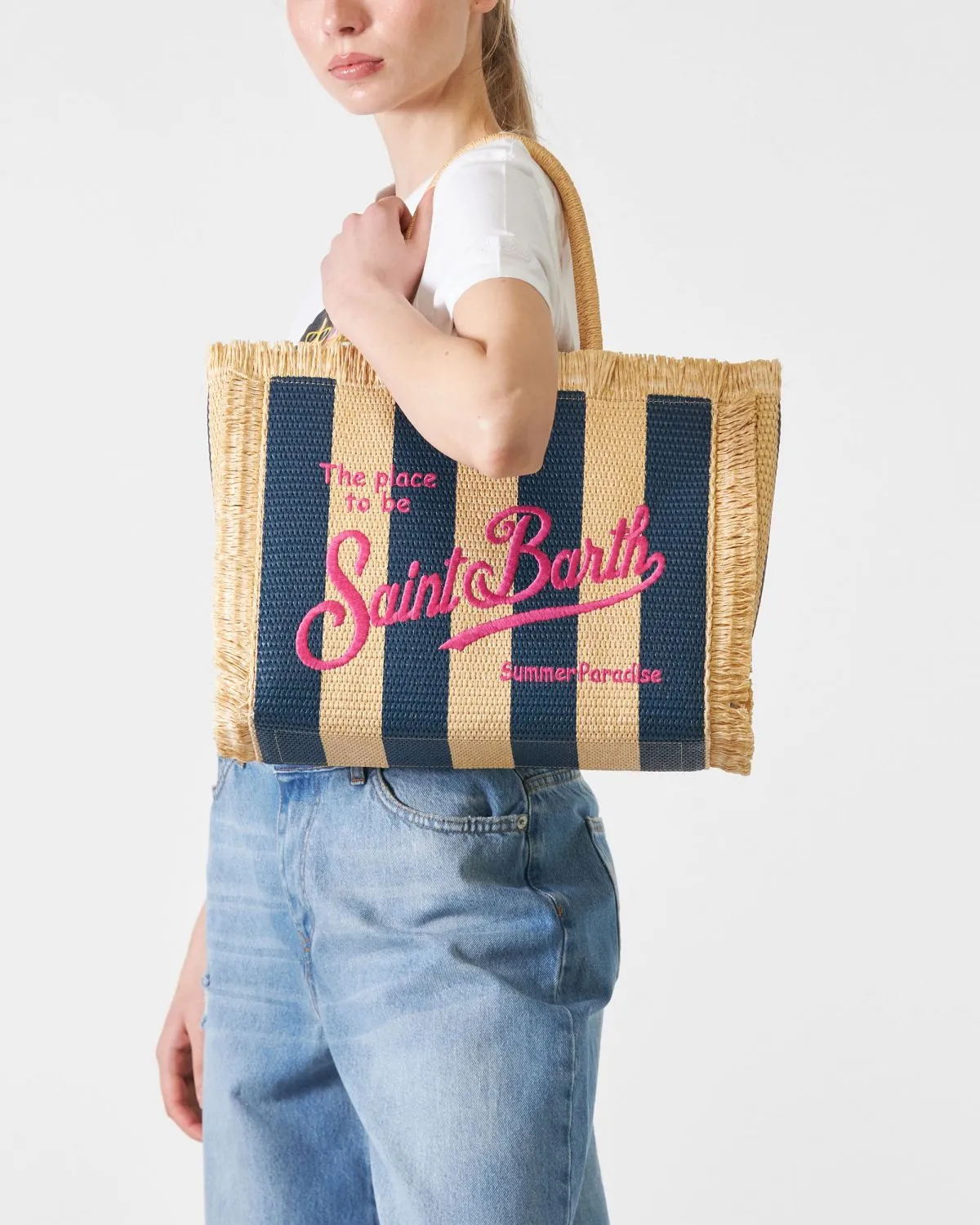 Borsa Vanity Straw tote a righe blu e beige