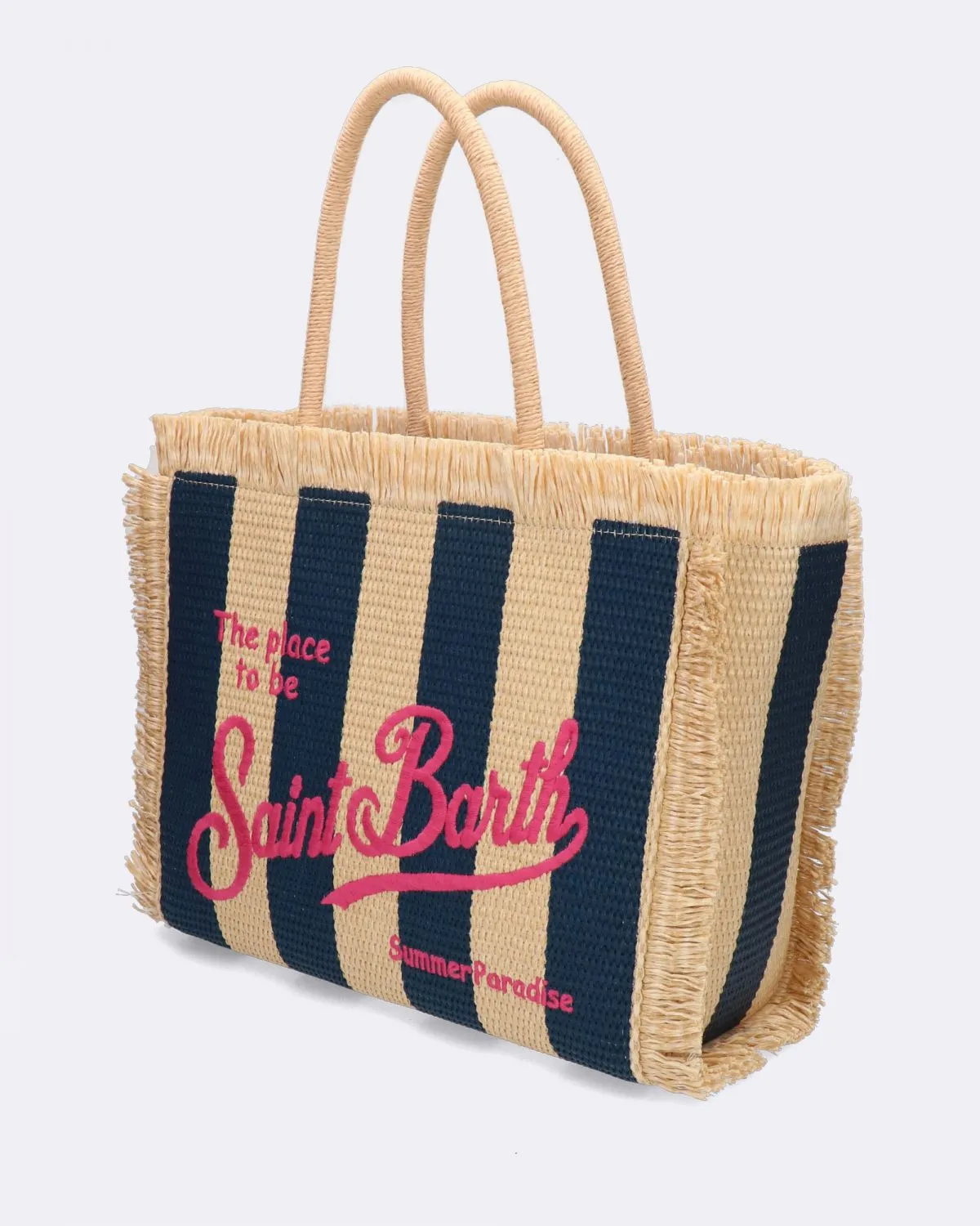 Borsa Vanity Straw tote a righe blu e beige
