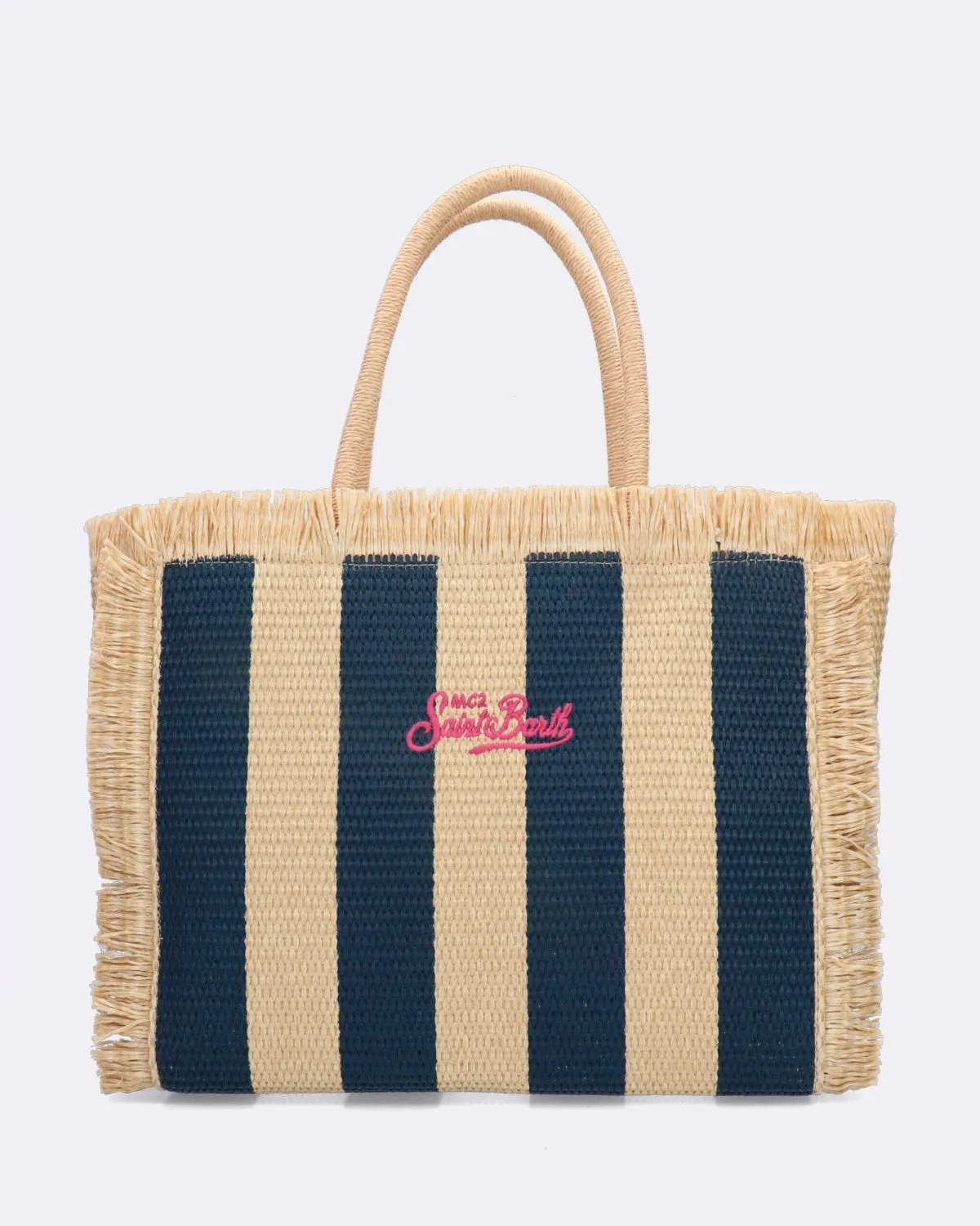 Borsa Vanity Straw tote a righe blu e beige