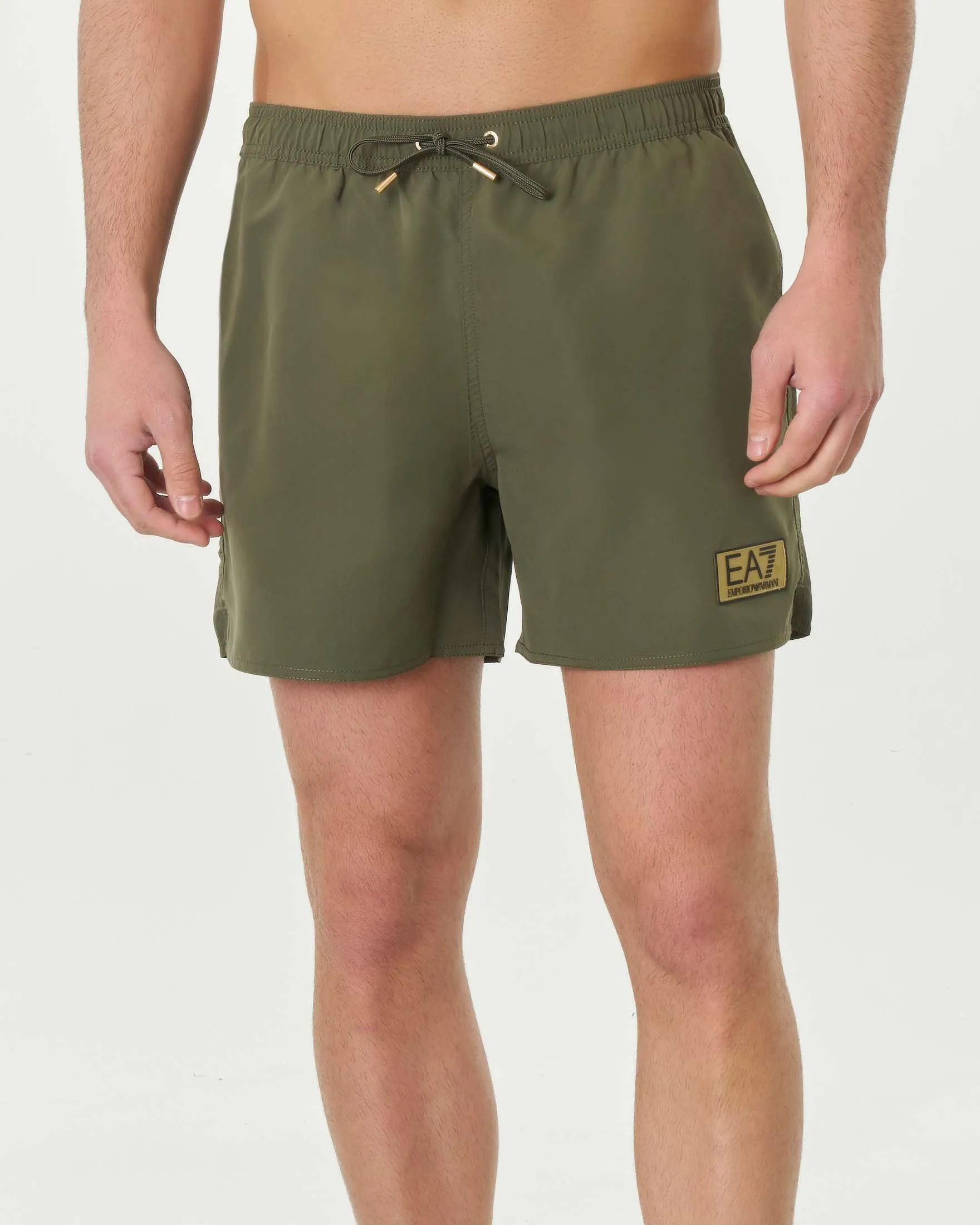 Boxer mare verde militare in microfibra con logo patch oro