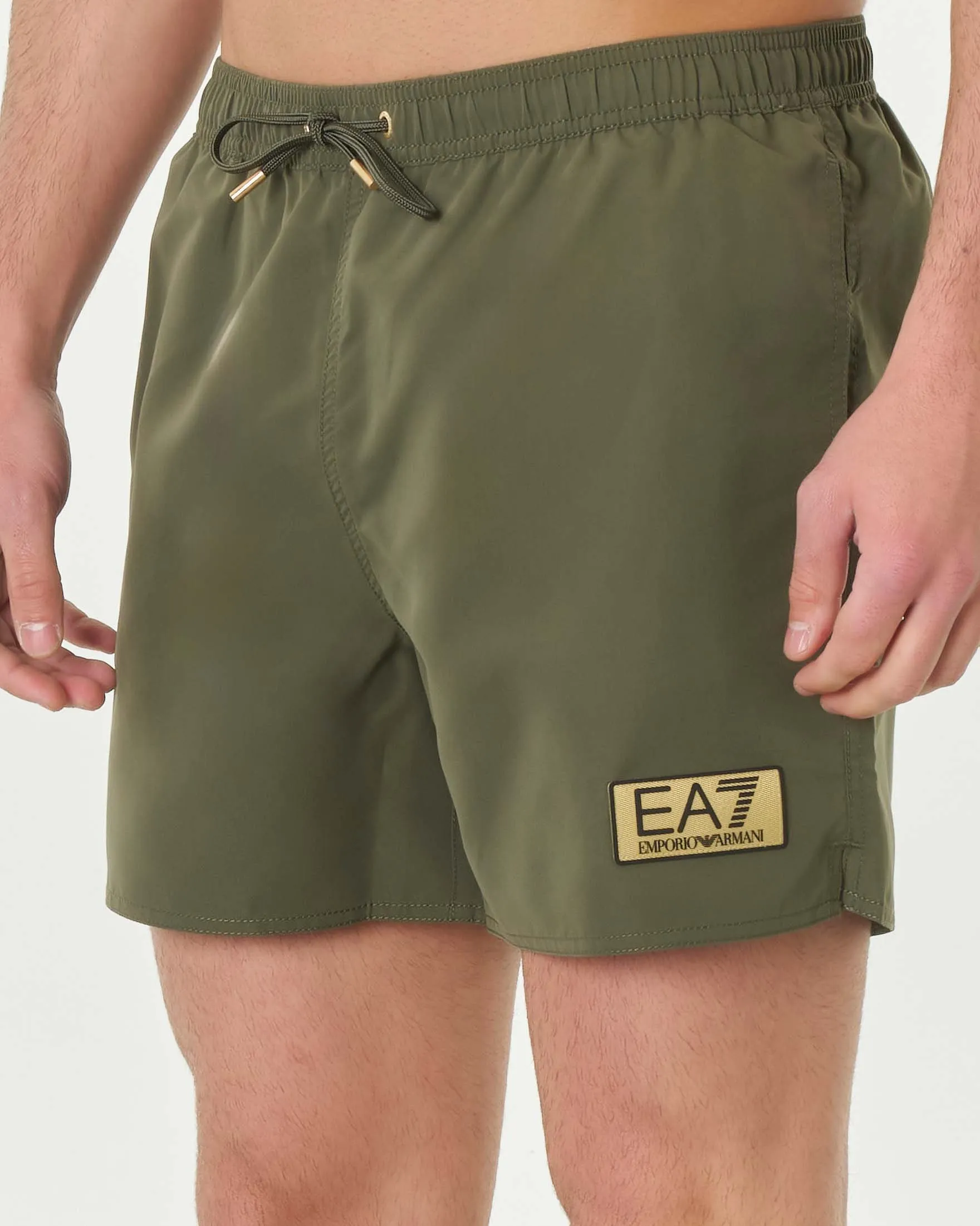Boxer mare verde militare in microfibra con logo patch oro