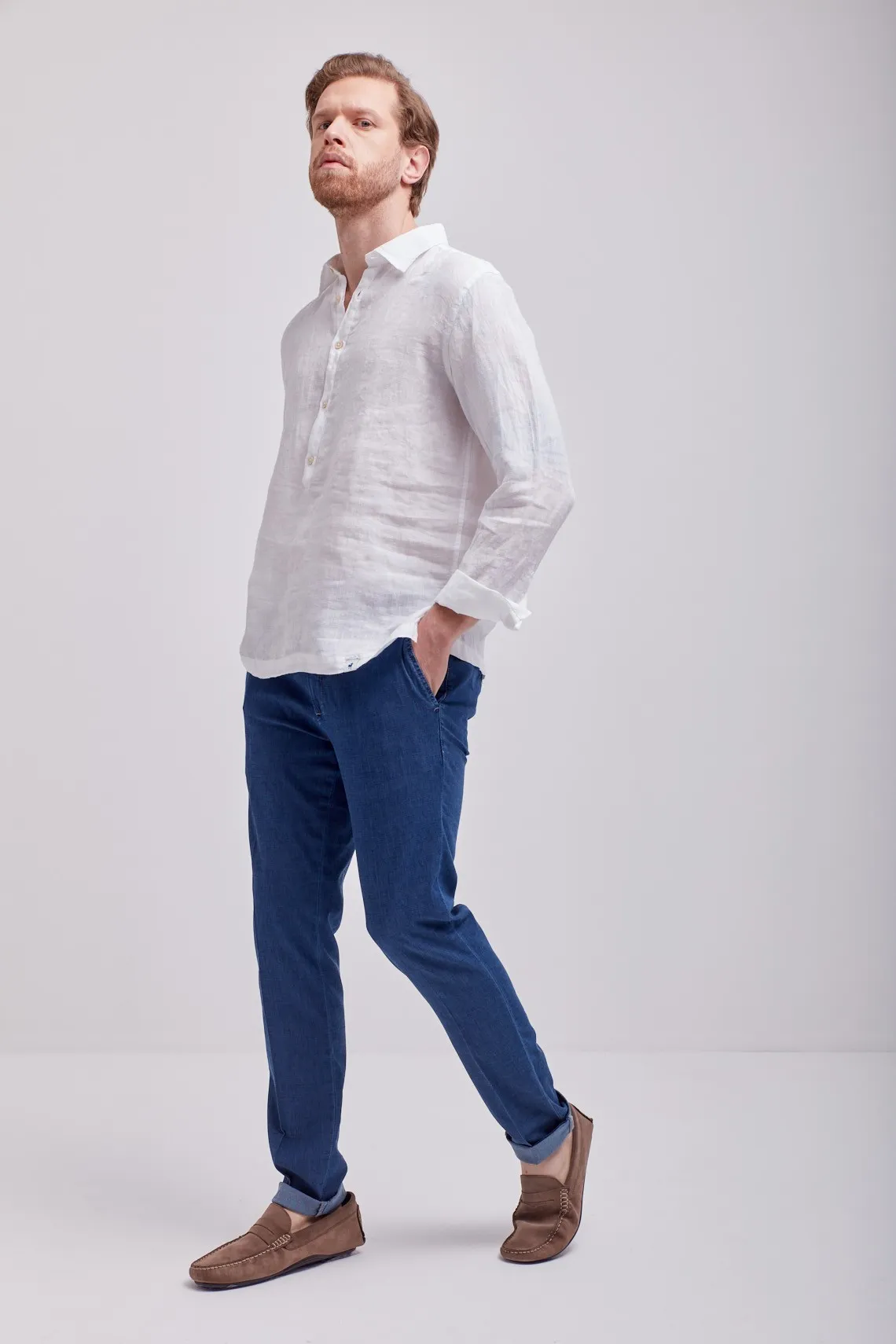 CAMICIA A POLO COLLO FRANCESE LINO BIANCA