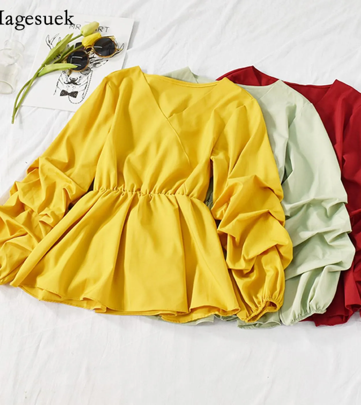 Camicia in chiffon a 8 colori con scollo a V manica a petalo Retro donna Top Ol Style Slim camicetta donna primavera pieghe abit