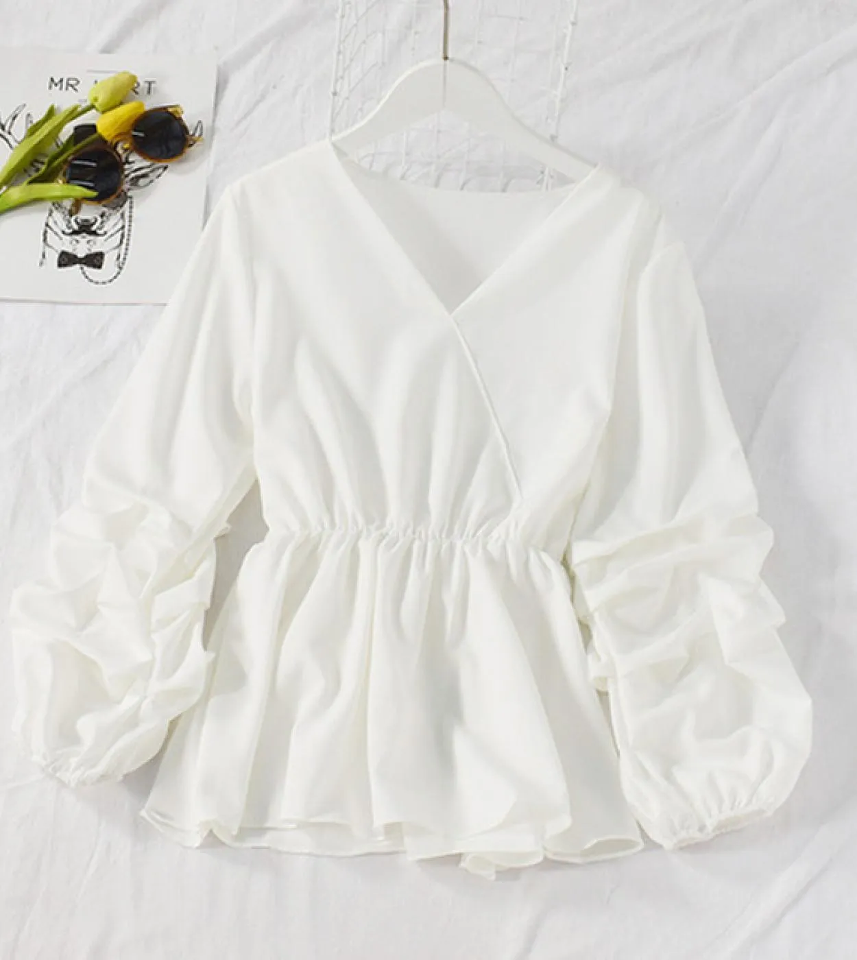 Camicia in chiffon a 8 colori con scollo a V manica a petalo Retro donna Top Ol Style Slim camicetta donna primavera pieghe abit