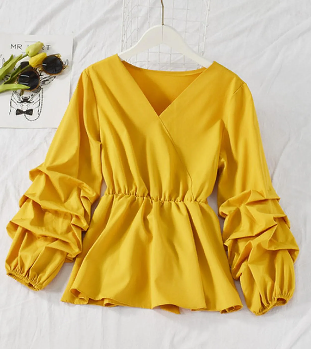 Camicia in chiffon a 8 colori con scollo a V manica a petalo Retro donna Top Ol Style Slim camicetta donna primavera pieghe abit
