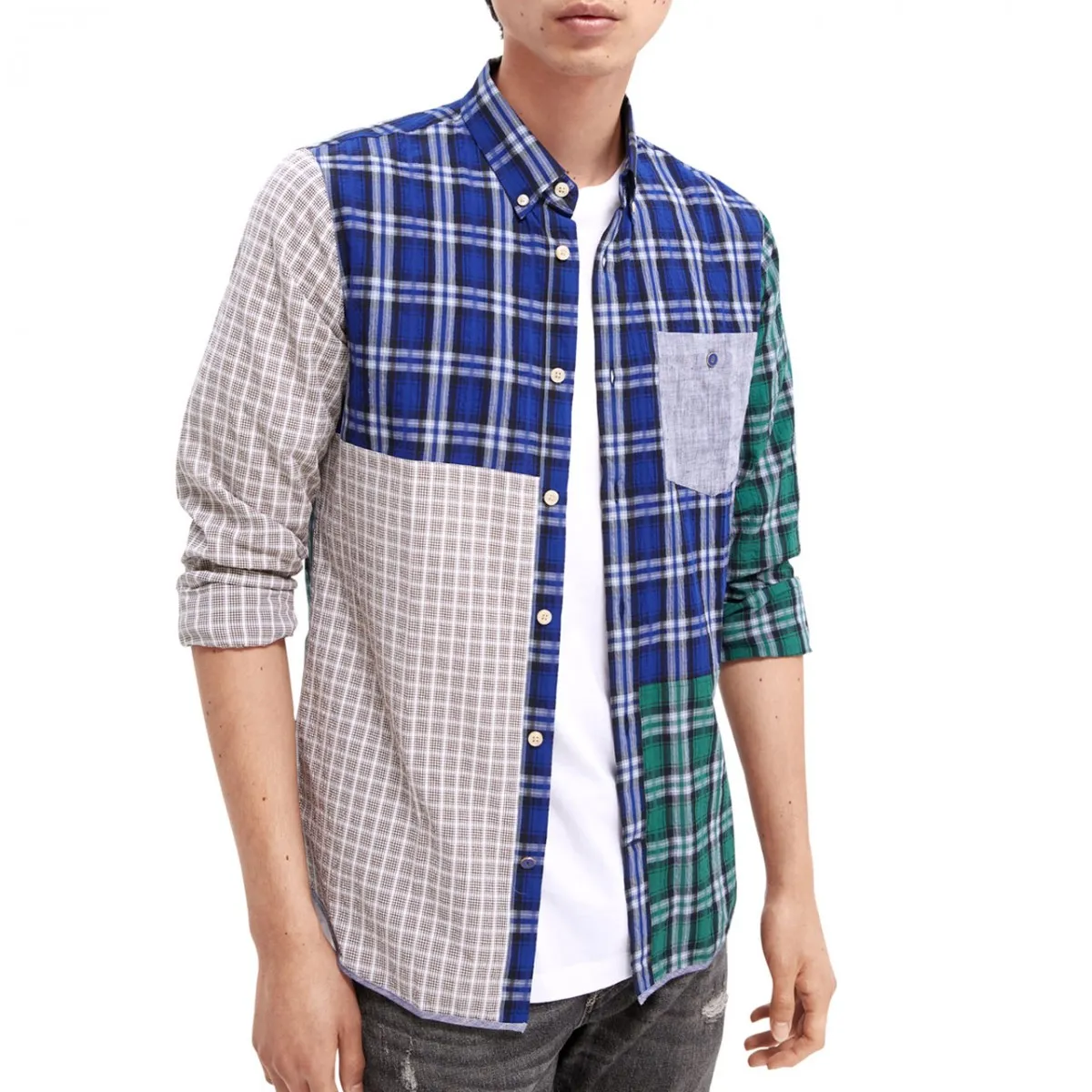 Camicia Regular Fit Con Mix Di Motivi, Blu