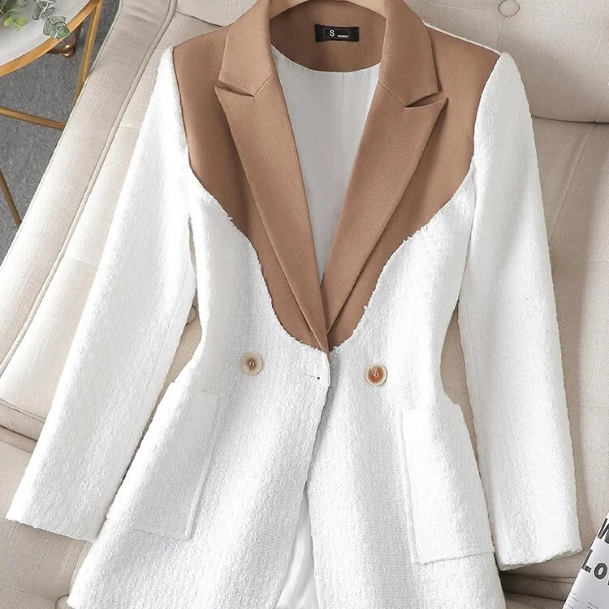 Cappotto blazer casual solido da donna bianco nero Giacca dritta da donna a maniche lunghe con bottone singolo con blazer tascab