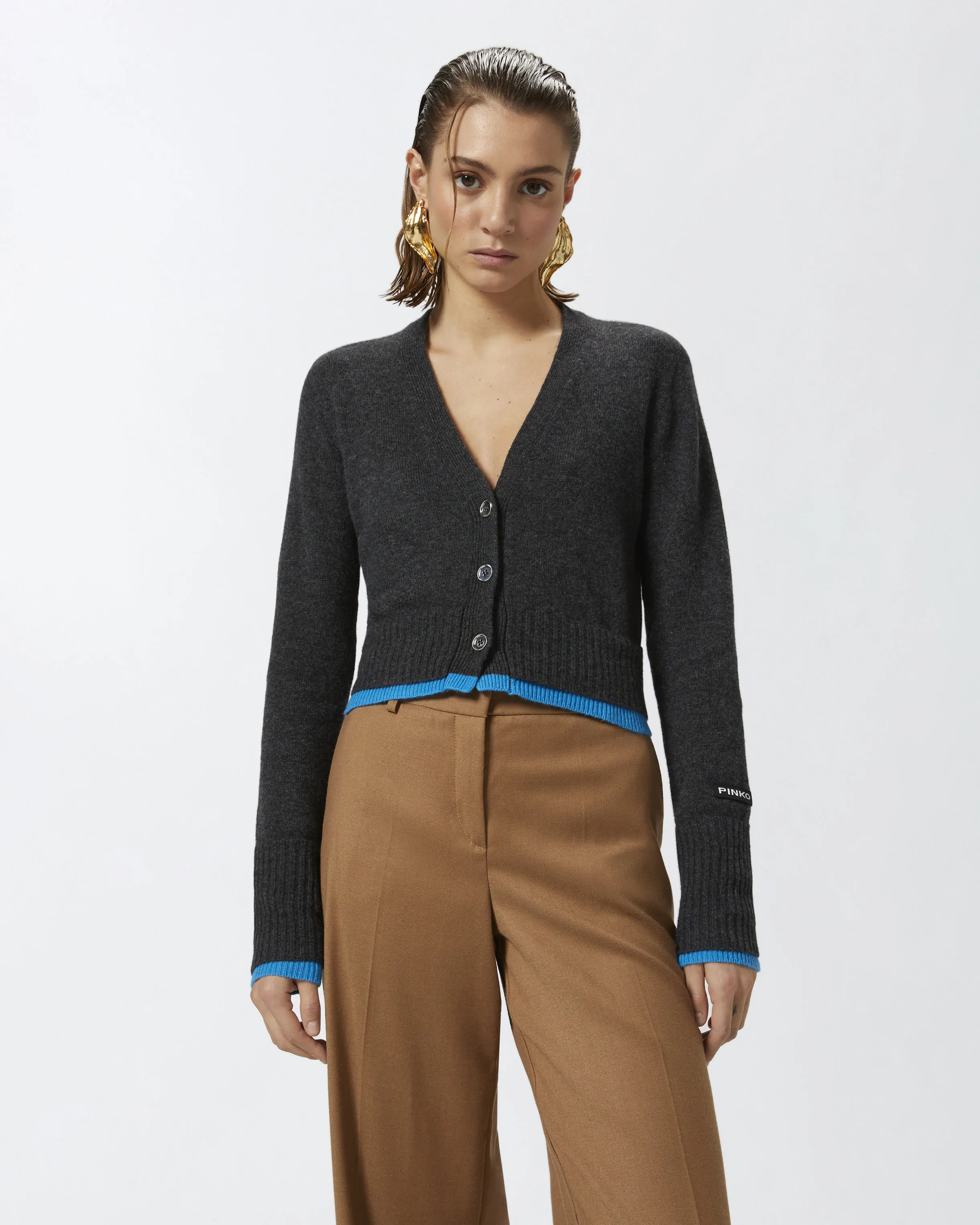  Cardigan corto in lana cachemire con contrasti    