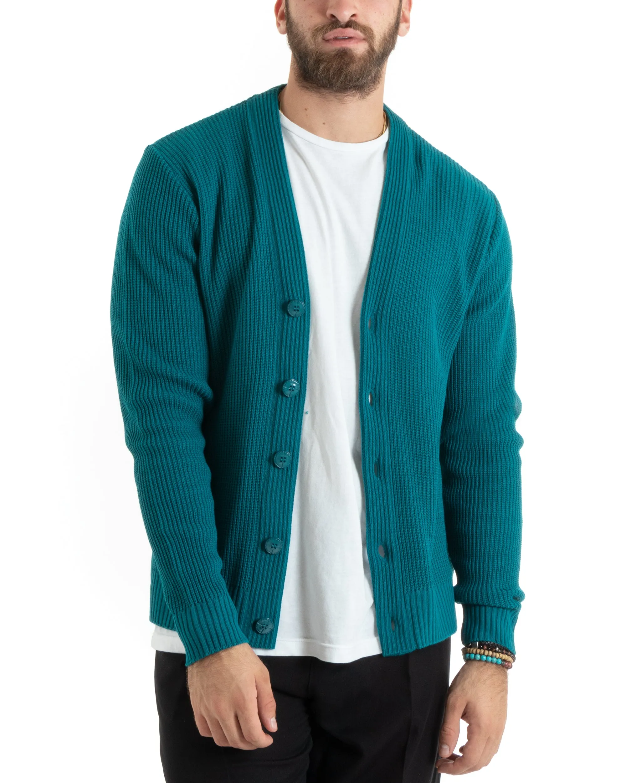 Cardigan Uomo Giacca Con Bottoni Maglioncino Scollo V Maglia Inglese Petrolio GIOSAL-M2678A