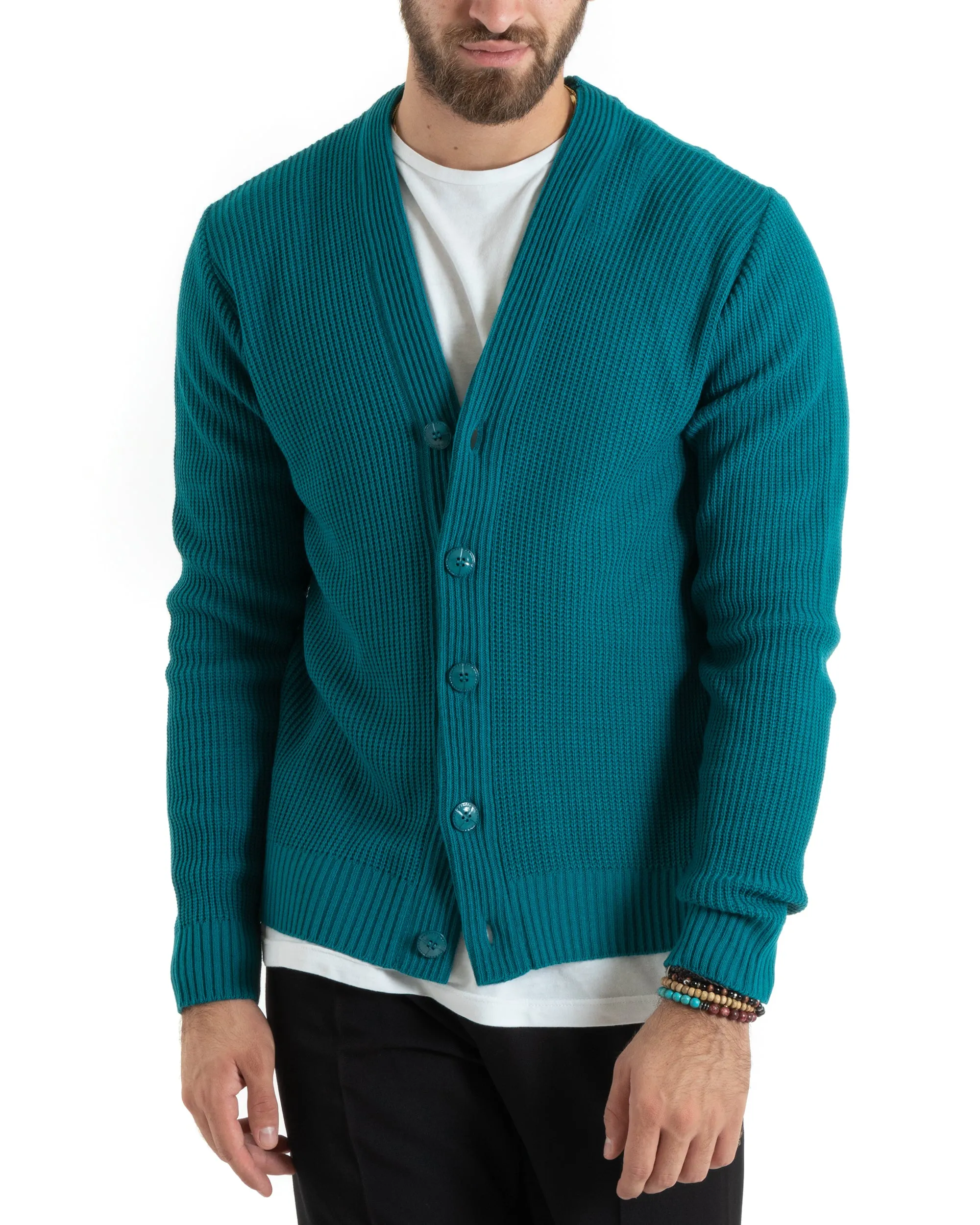 Cardigan Uomo Giacca Con Bottoni Maglioncino Scollo V Maglia Inglese Petrolio GIOSAL-M2678A