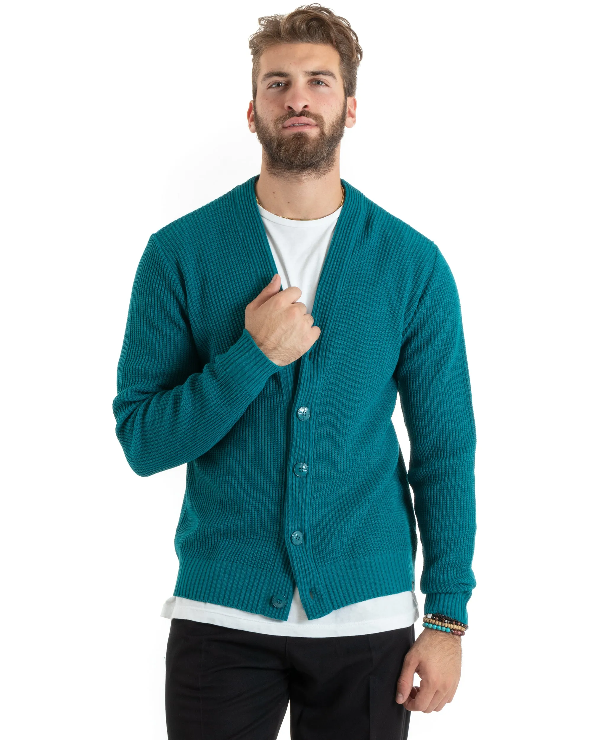 Cardigan Uomo Giacca Con Bottoni Maglioncino Scollo V Maglia Inglese Petrolio GIOSAL-M2678A