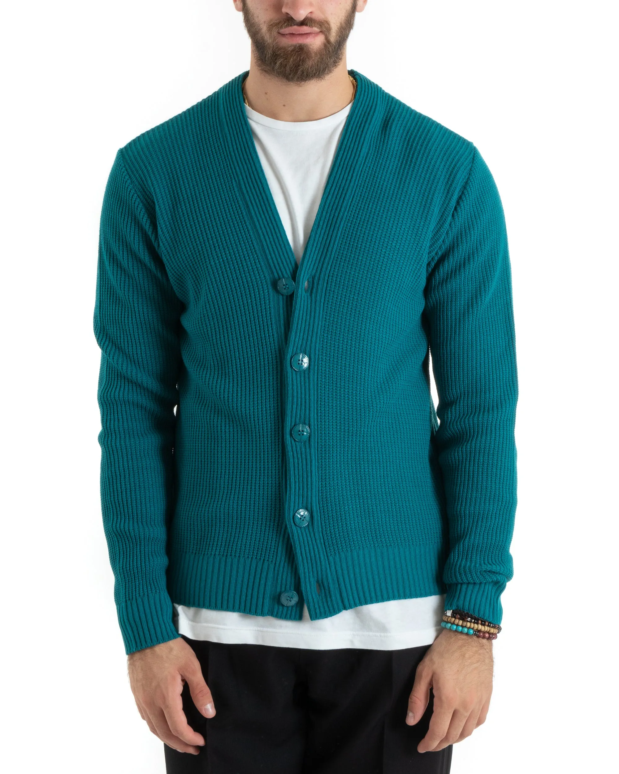 Cardigan Uomo Giacca Con Bottoni Maglioncino Scollo V Maglia Inglese Petrolio GIOSAL-M2678A