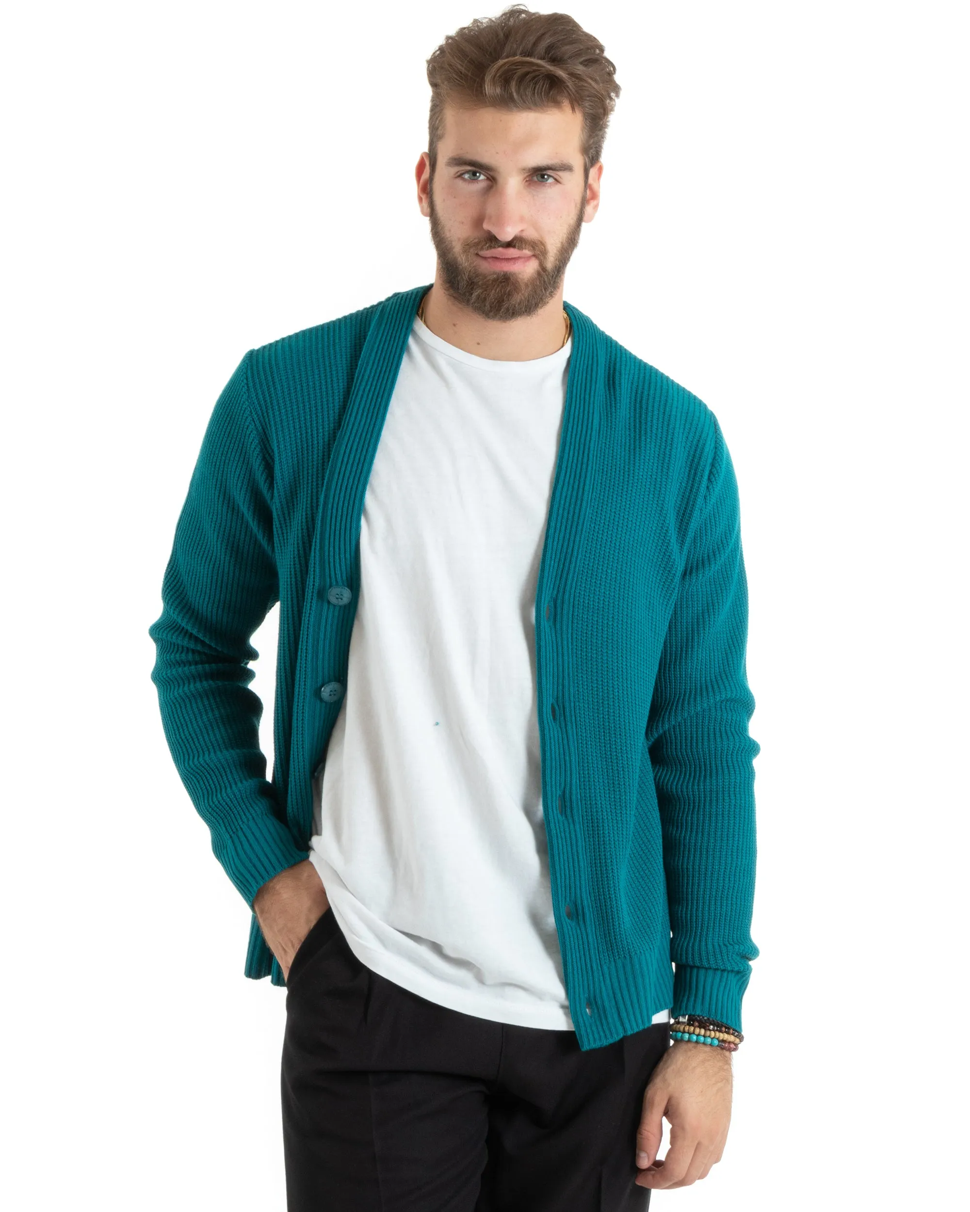 Cardigan Uomo Giacca Con Bottoni Maglioncino Scollo V Maglia Inglese Petrolio GIOSAL-M2678A