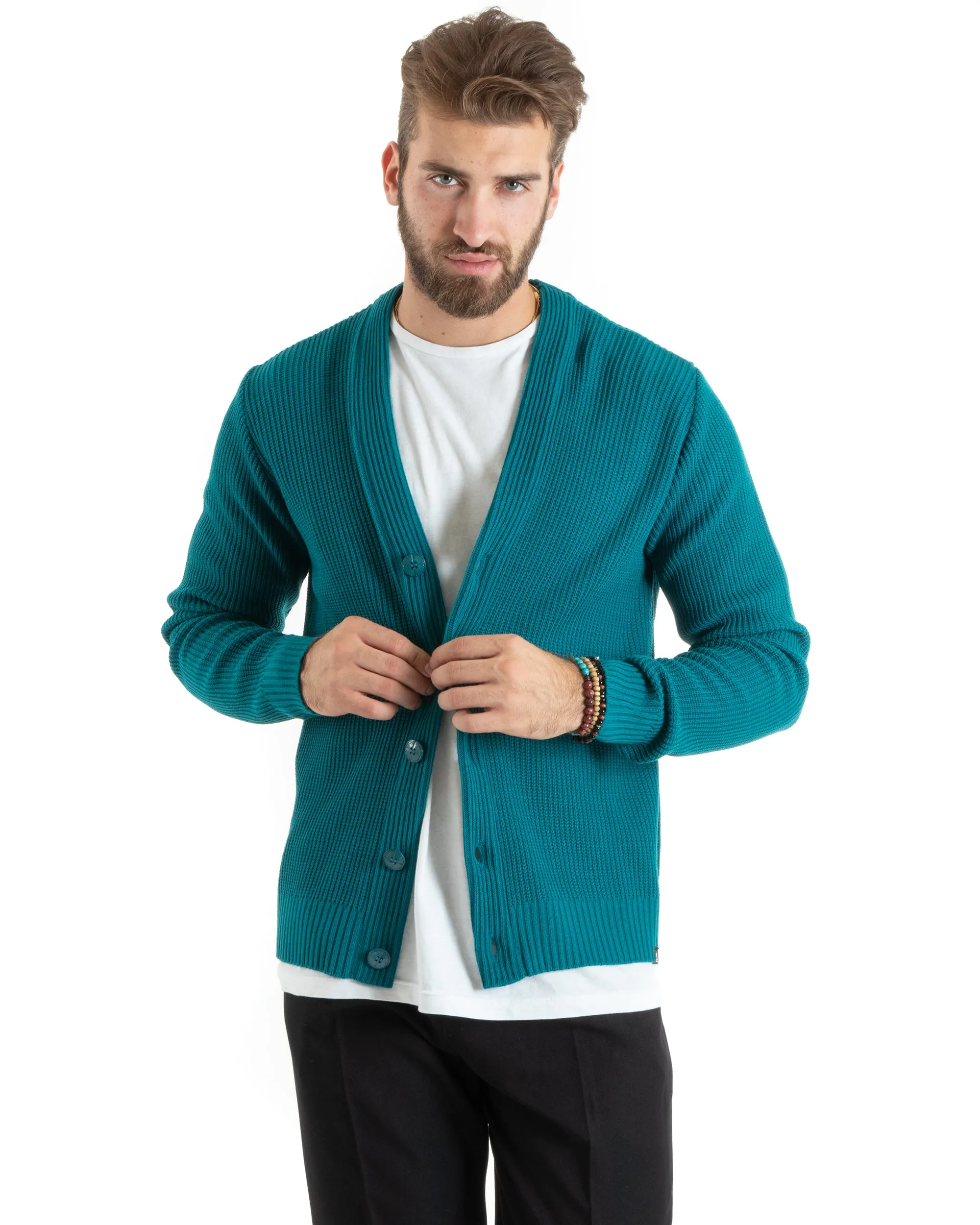 Cardigan Uomo Giacca Con Bottoni Maglioncino Scollo V Maglia Inglese Petrolio GIOSAL-M2678A
