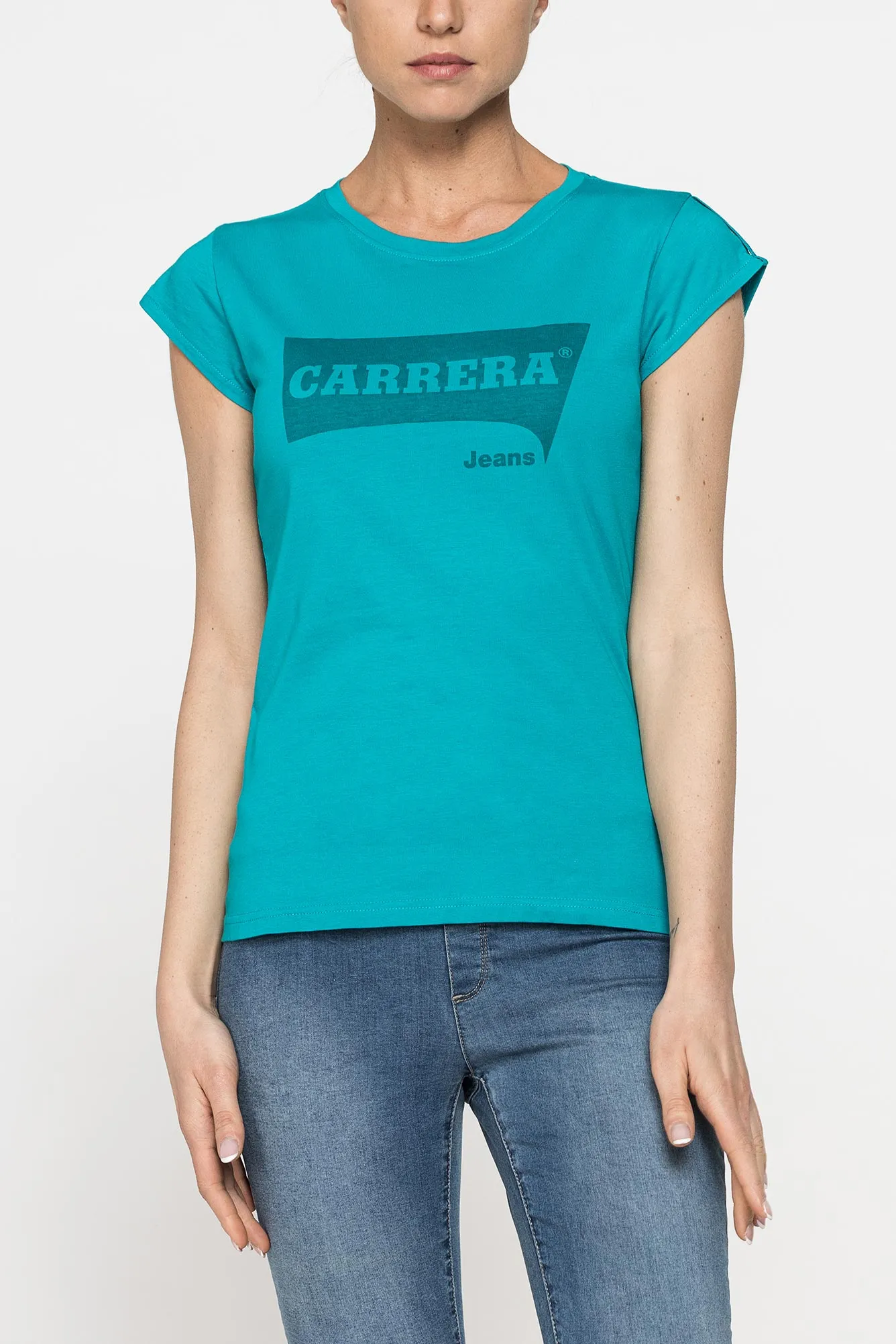 Carrera  ---------    ------------T-shirt girocollo in cotone con stampa logo carrera - stampa blu su base petrolio