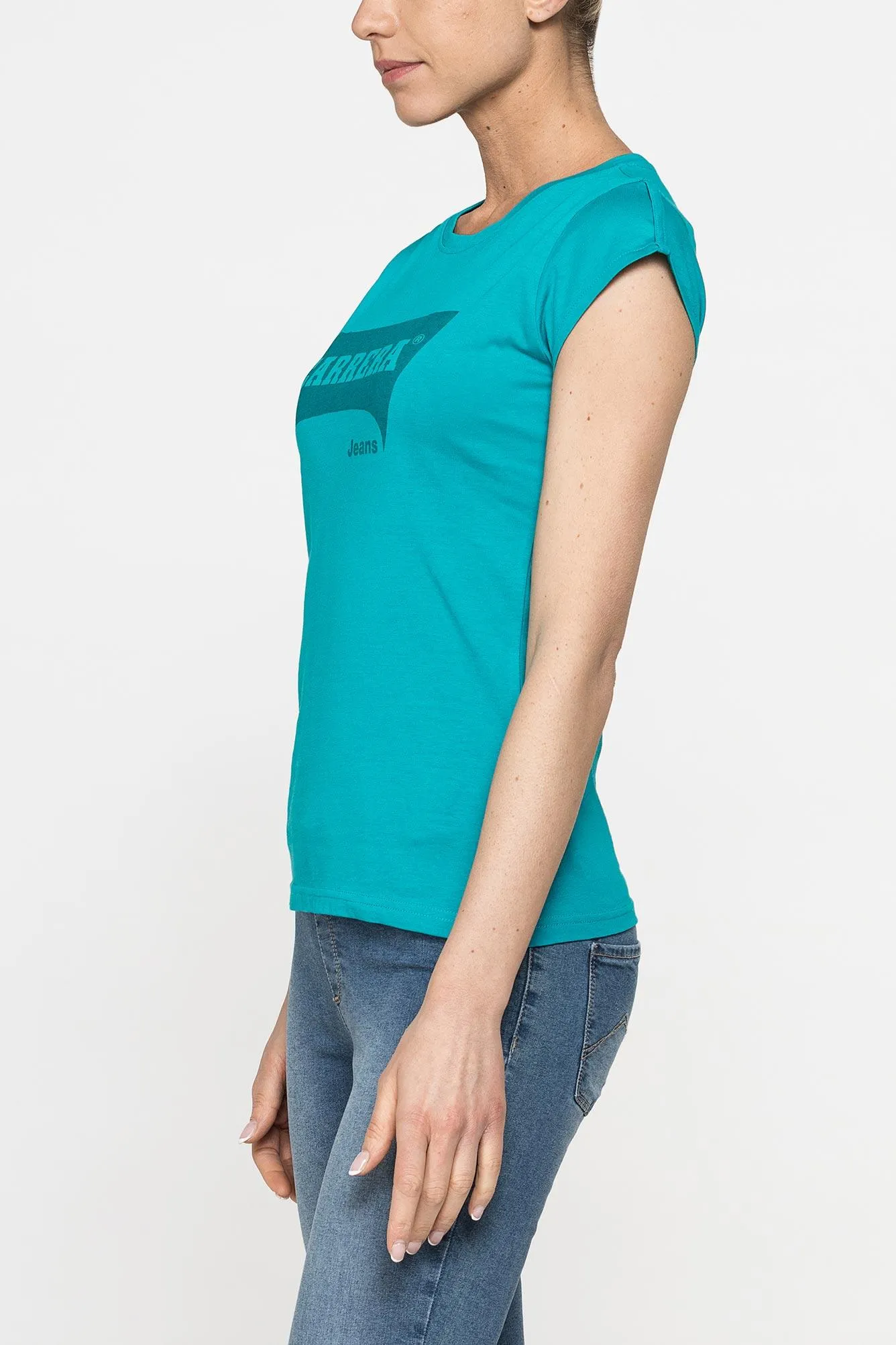 Carrera  ---------    ------------T-shirt girocollo in cotone con stampa logo carrera - stampa blu su base petrolio