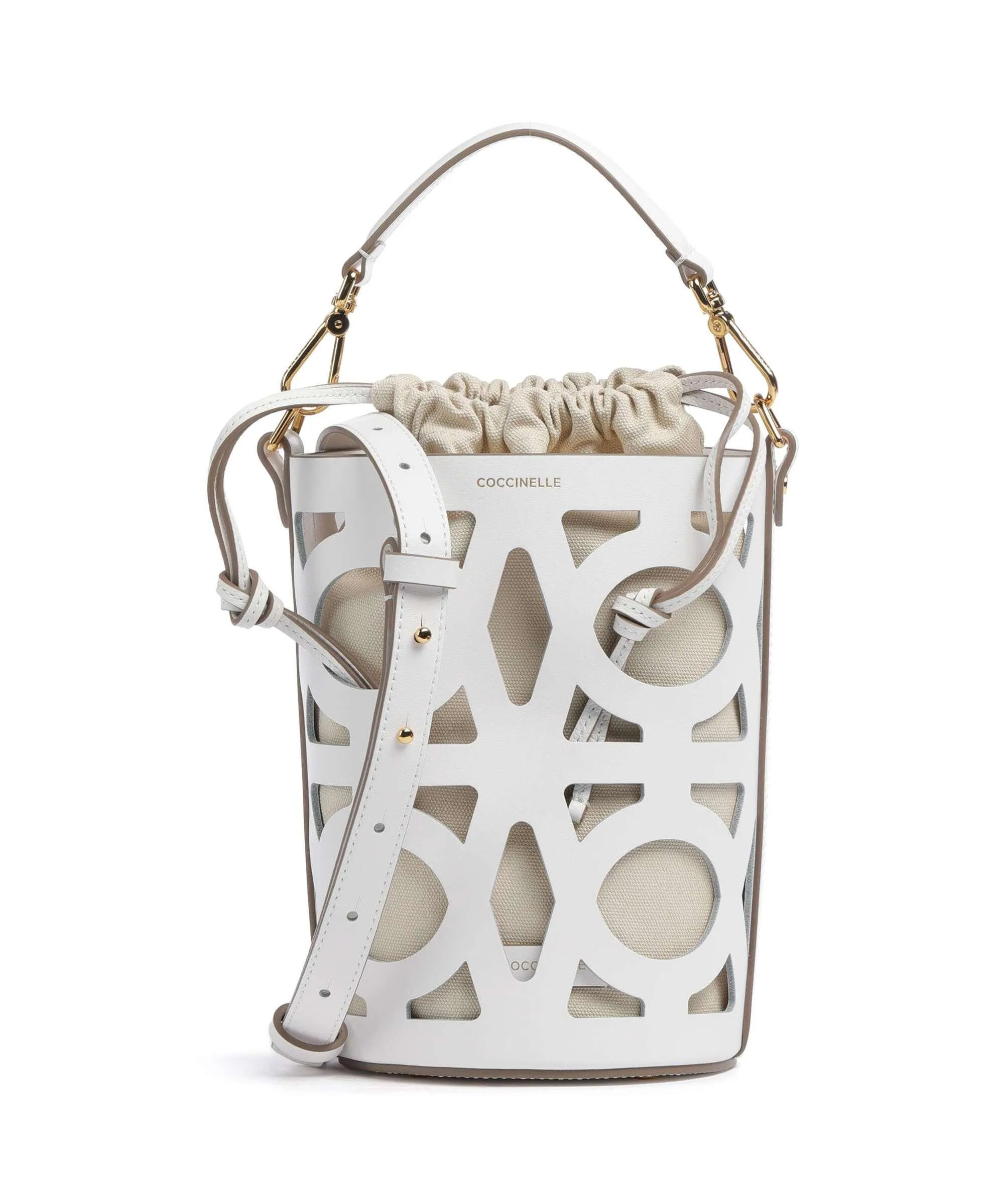  Coccinelle Monogram Slice Borsa a secchiello pelle di vacchetta liscia bianco  
