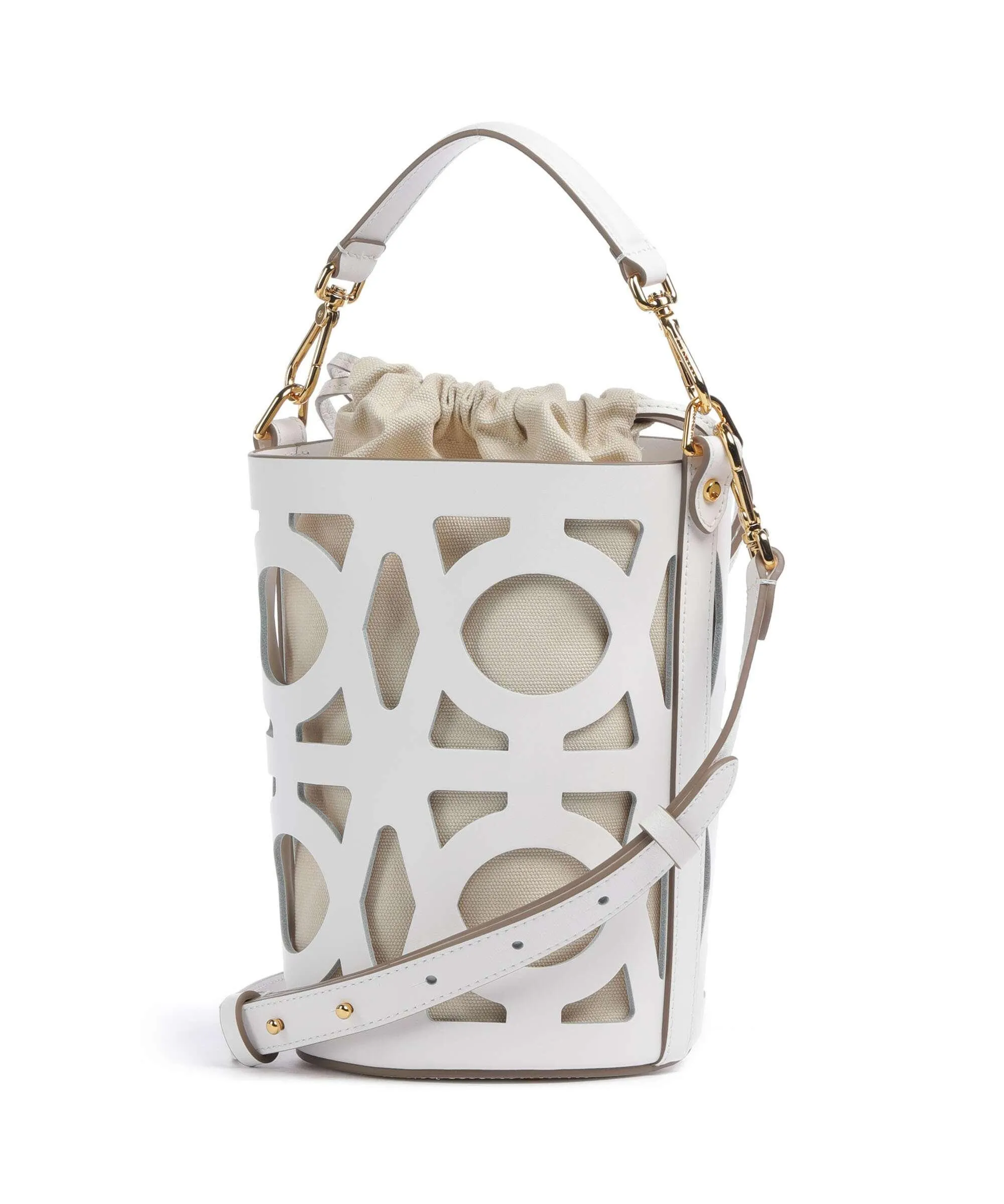  Coccinelle Monogram Slice Borsa a secchiello pelle di vacchetta liscia bianco  