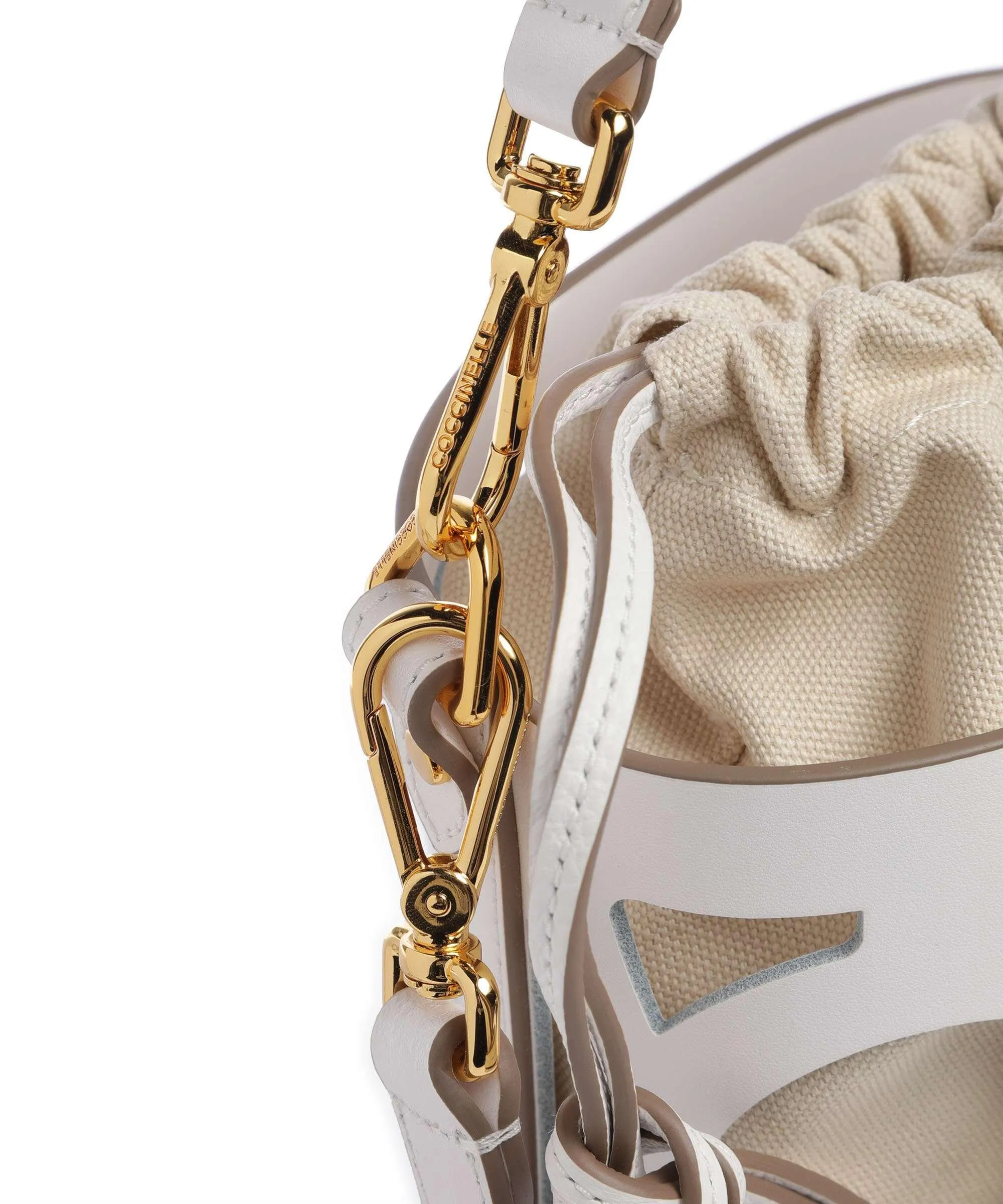  Coccinelle Monogram Slice Borsa a secchiello pelle di vacchetta liscia bianco  